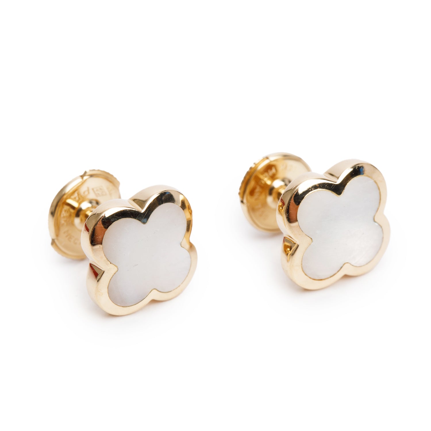 Van Cleef & Arpels 18k Yellow Gold Pure Alhambra Mother of Pearl Stud Earrings w/ Box & Certificate