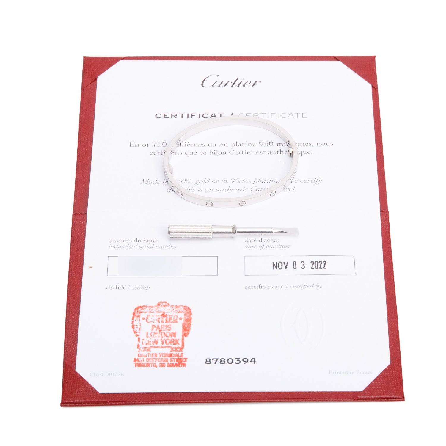 Cartier 18k White Gold 3.65 MM Love Bracelet, Small Model, Size 15 w/ Certificate & Receipt