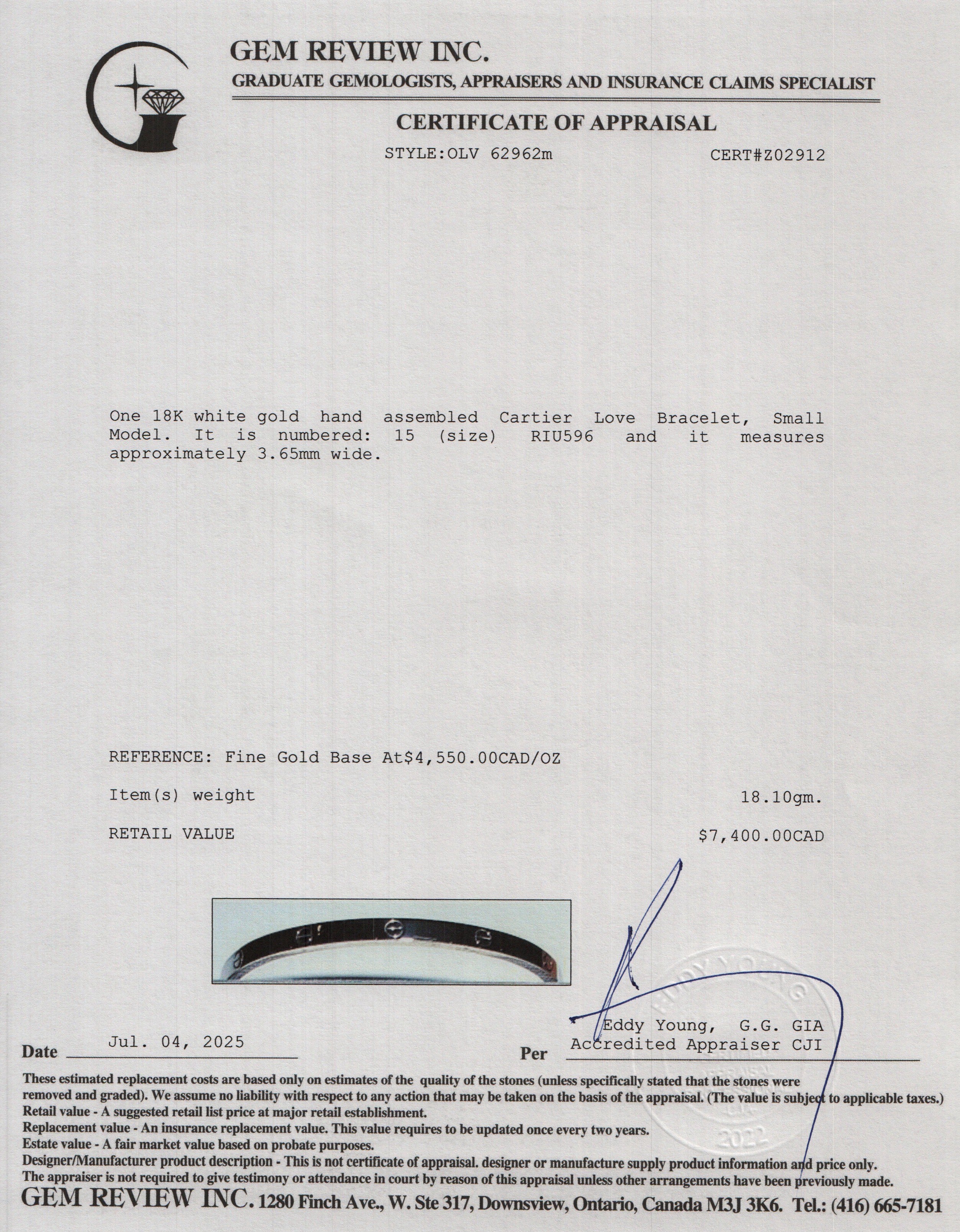 Cartier 18k White Gold 3.65 MM Love Bracelet, Small Model, Size 15 w/ Certificate & Receipt