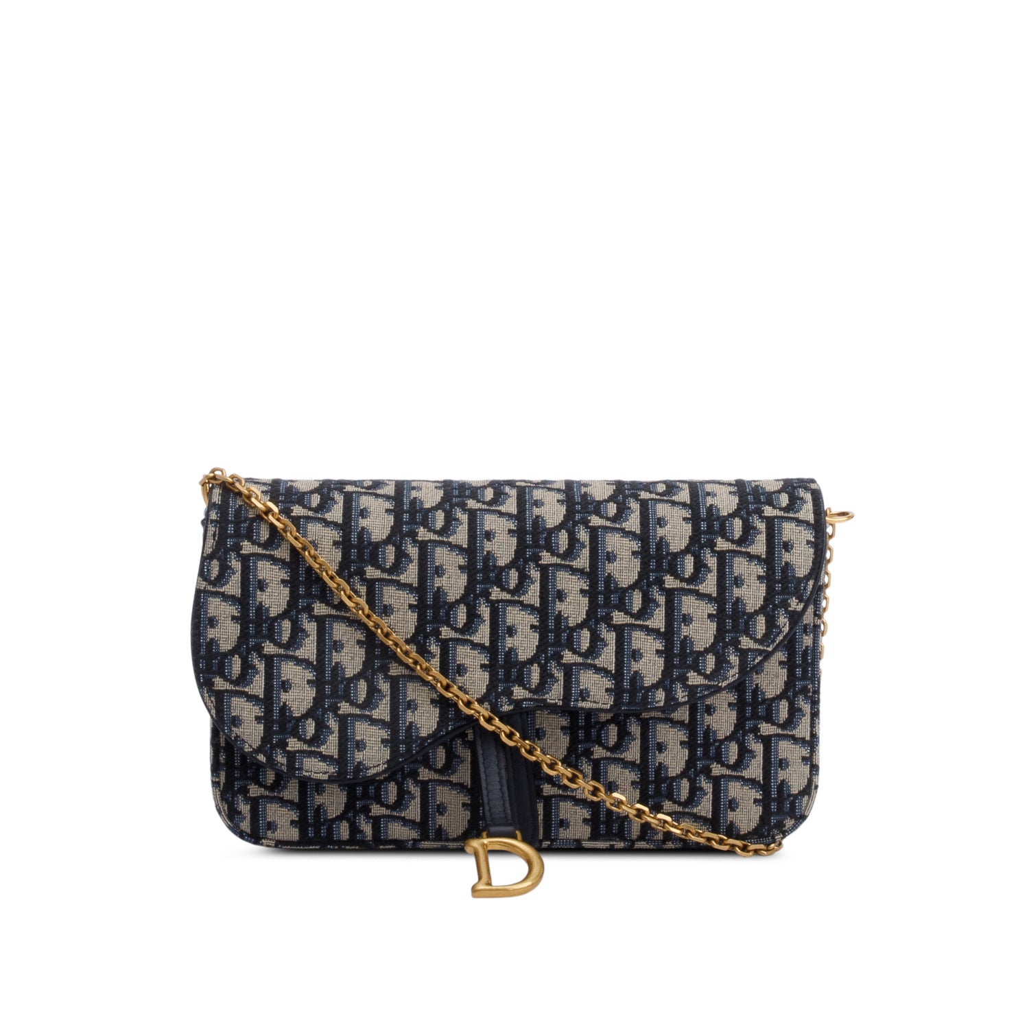 Christian Dior 2023 Oblique Jacquard Medium Saddle Pouch with Chain w/ Box
