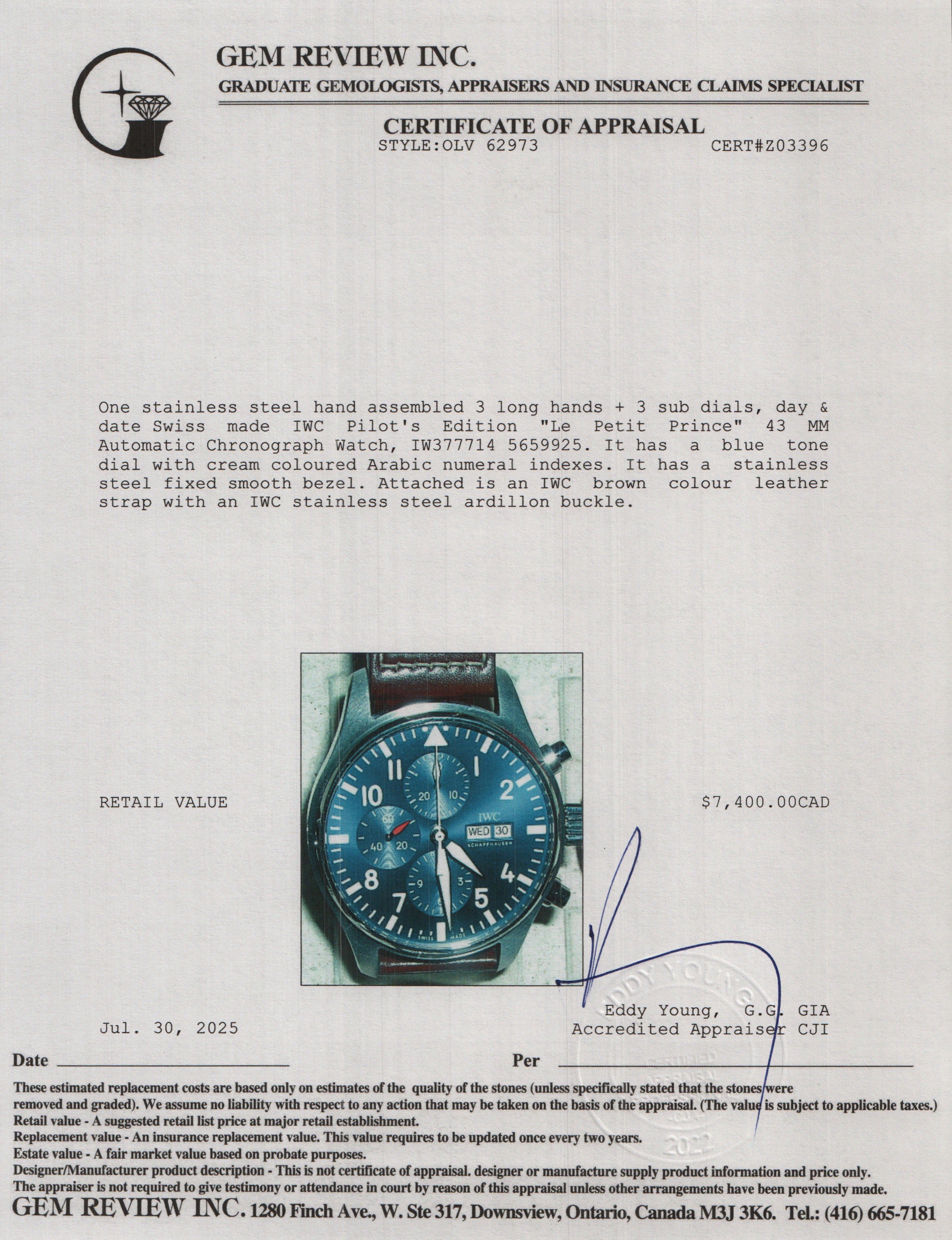 IWC Stainless Steel Pilot's Edition "Le Petit Prince" 43 MM Automatic Chronograph Watch Blue Dial IW377714 w/ Box & Papers