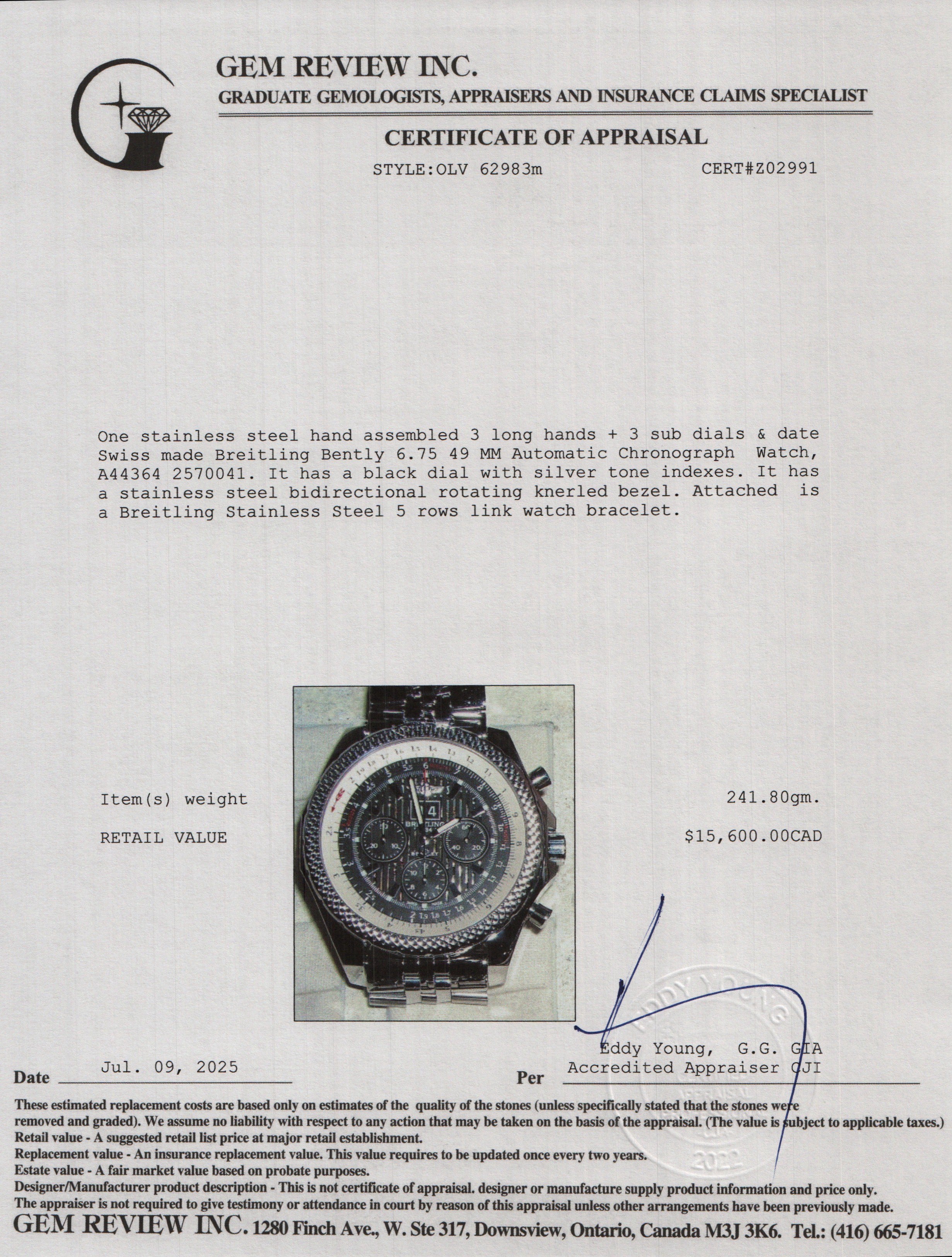 Breitling Stainless Steel Bently 6.75 49 MM Automatic Chronograph Watch A44364 w/ Box & Papers