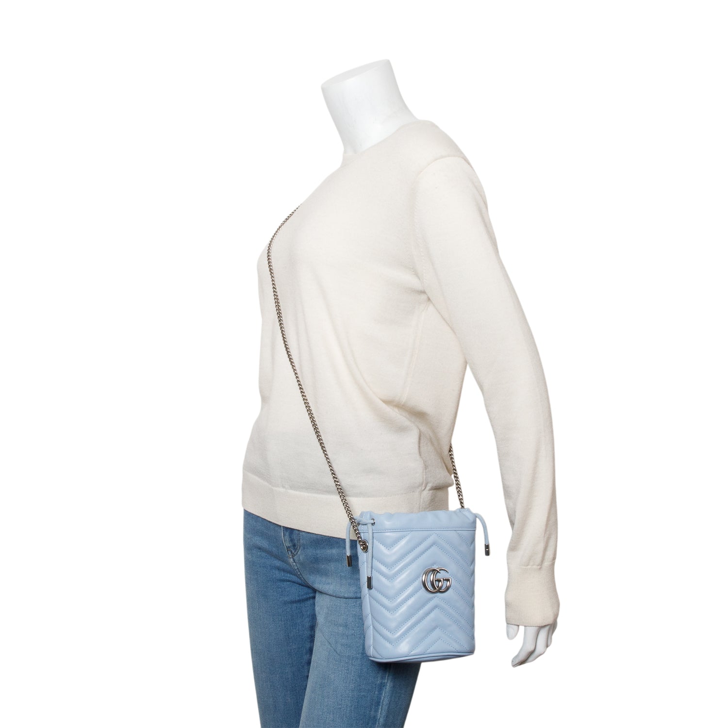 Gucci Blue Calfskin Leather GG Marmont Mini Bucket Bag