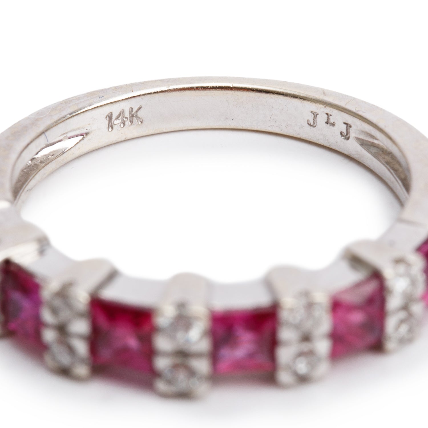 14k White Gold Ruby and Diamond Band Ring, Size 7