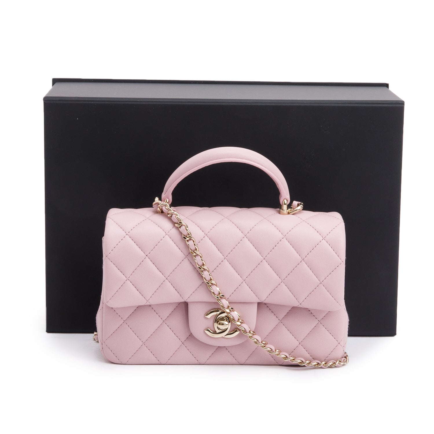 Chanel 2024 Pink Quilted Lambskin Leather Mini Top Handle Rectangular Flap Bag w/ Box & Receipt
