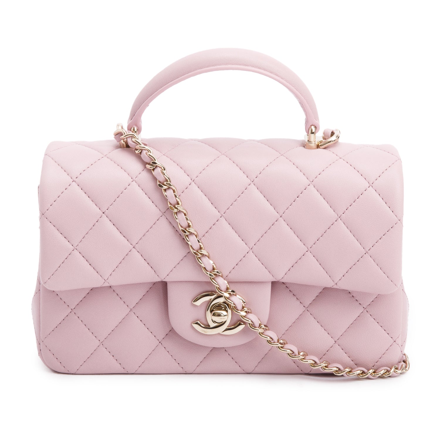 Chanel 2024 Pink Quilted Lambskin Leather Mini Top Handle Rectangular Flap Bag w/ Box & Receipt