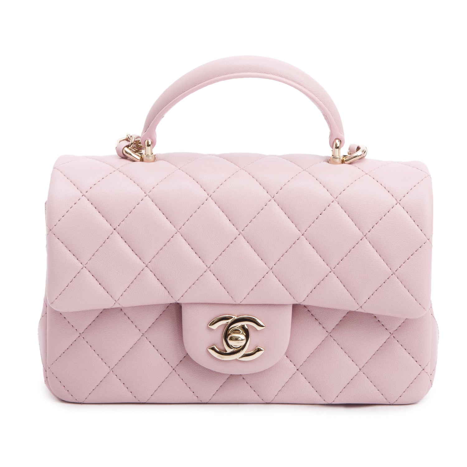 Chanel 2024 Pink Quilted Lambskin Leather Mini Top Handle Rectangular Flap Bag w/ Box & Receipt