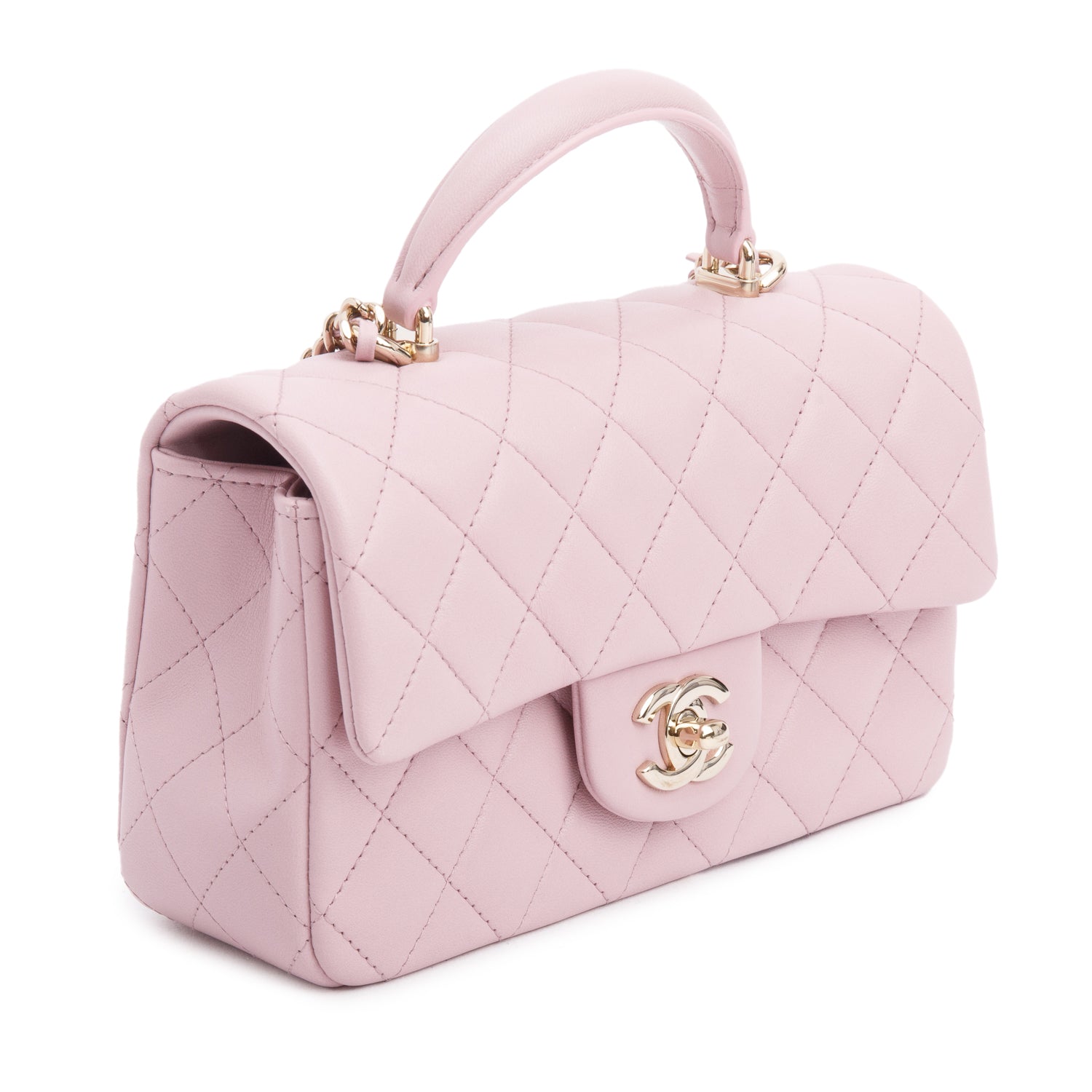Chanel 2024 Pink Quilted Lambskin Leather Mini Top Handle Rectangular Flap Bag w/ Box & Receipt