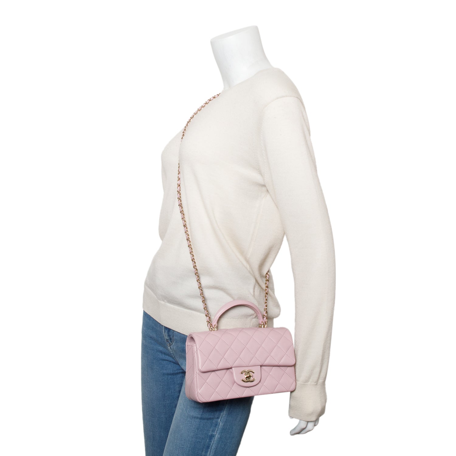 Chanel 2024 Pink Quilted Lambskin Leather Mini Top Handle Rectangular Flap Bag w/ Box & Receipt