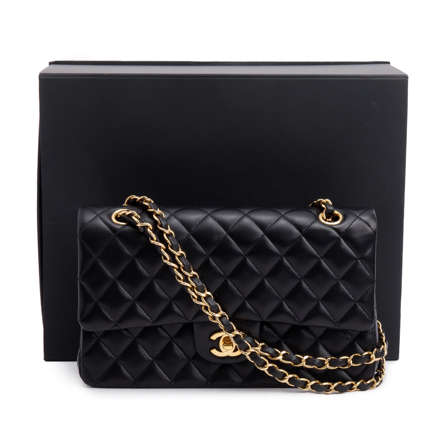Chanel Black Quilted Lambskin Leather Classic Medium Double Flap Bag w/ Box & Authenticity Card