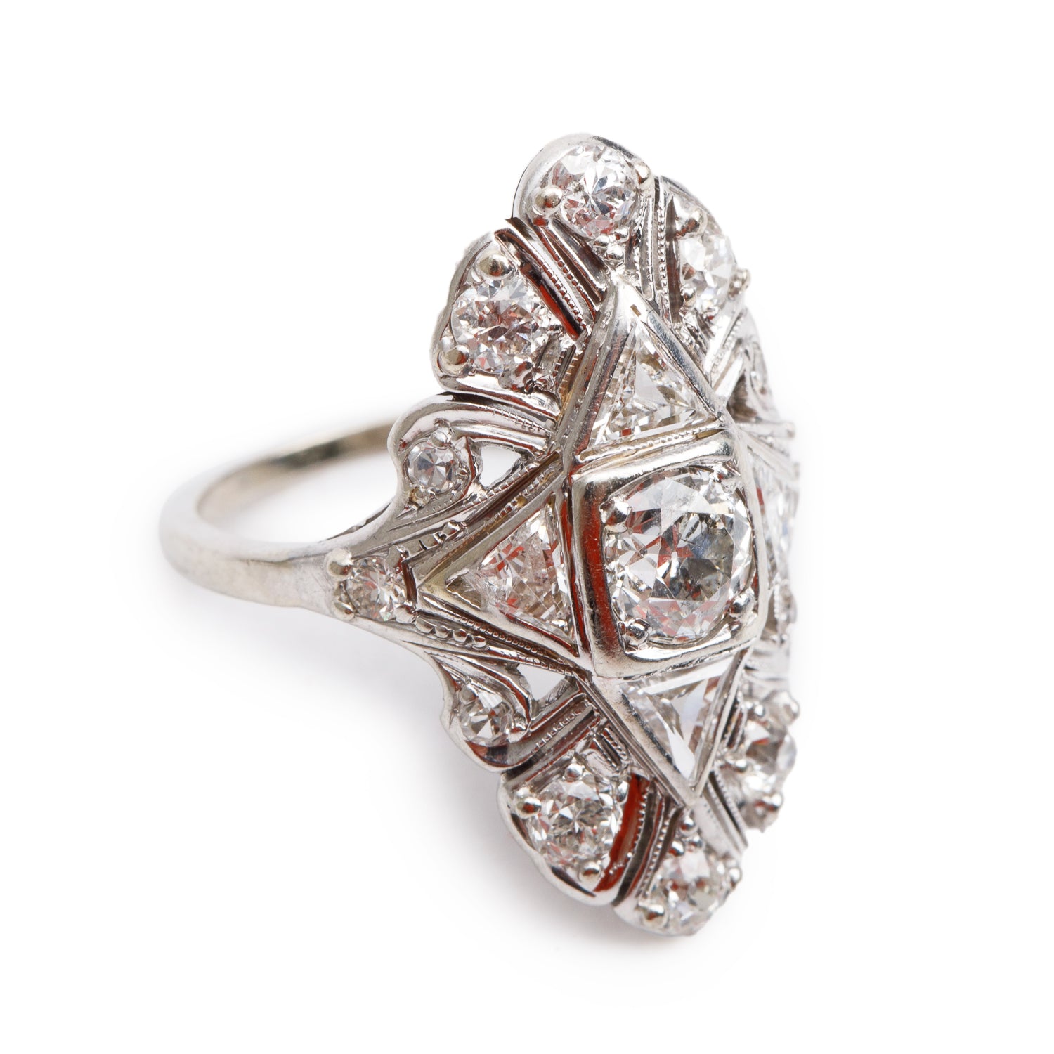 Antique 18k White Gold Diamond Filigree Ring, Size 5.5