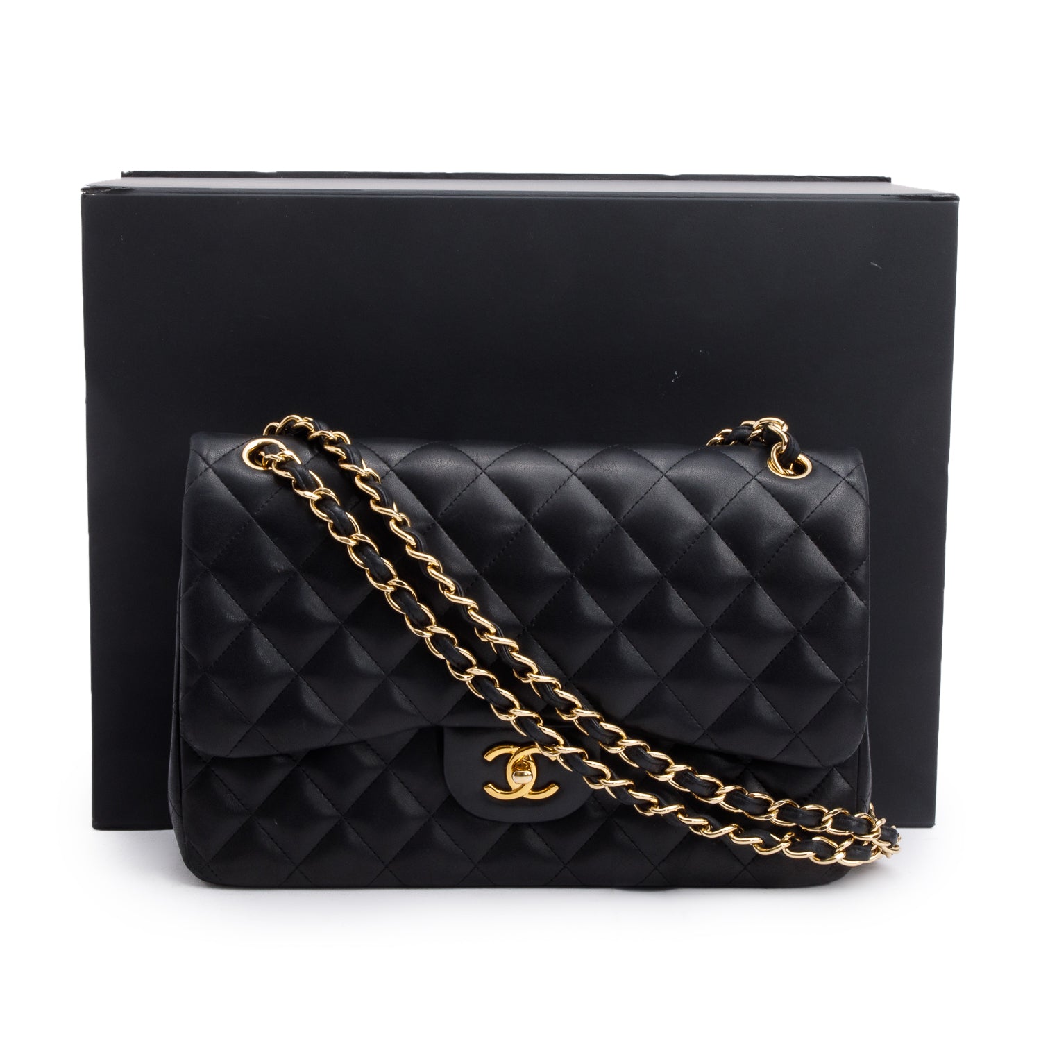 Chanel Black Quilted Lambskin Leather Classic Jumbo Double Flap Bag w/ Box, Receipt & Authenticity Card