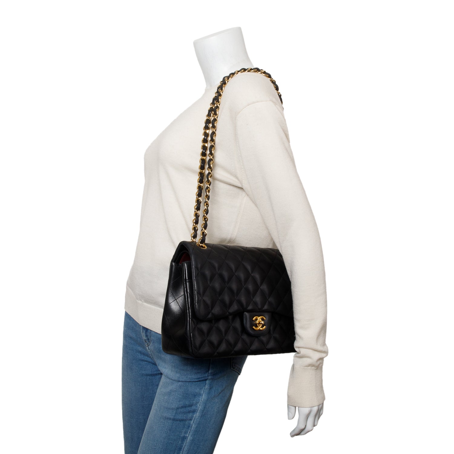 Chanel Black Quilted Lambskin Leather Classic Jumbo Double Flap Bag w/ Box, Receipt & Authenticity Card