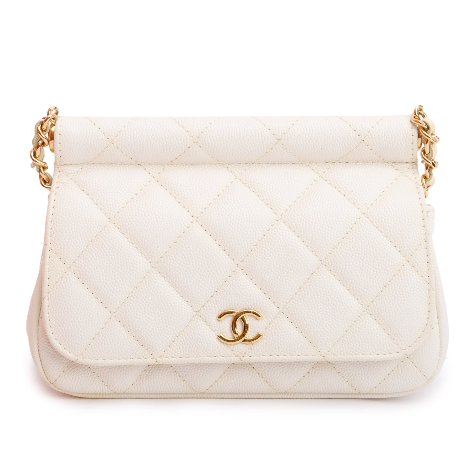Chanel White Quilted Caviar Leather CC Frame Flap Clutch with Chain