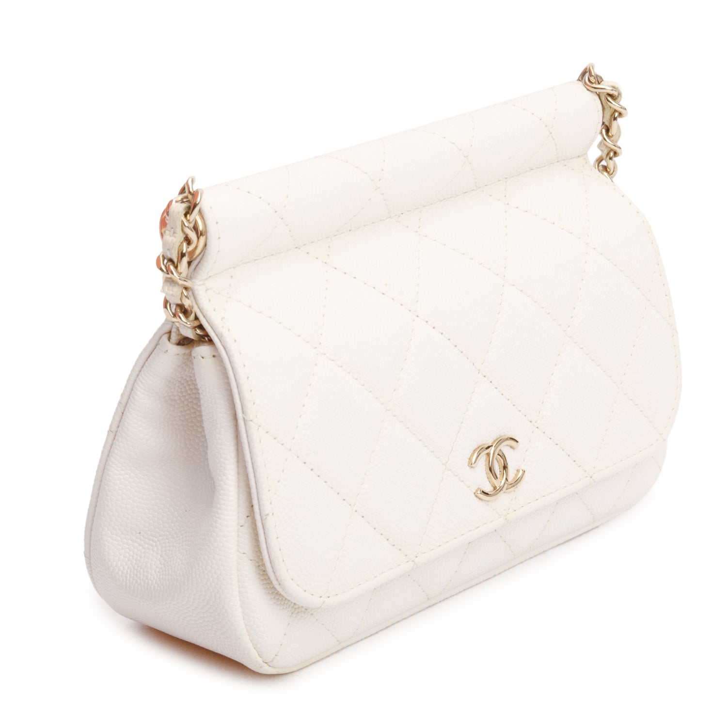 Chanel White Quilted Caviar Leather CC Frame Flap Clutch with Chain