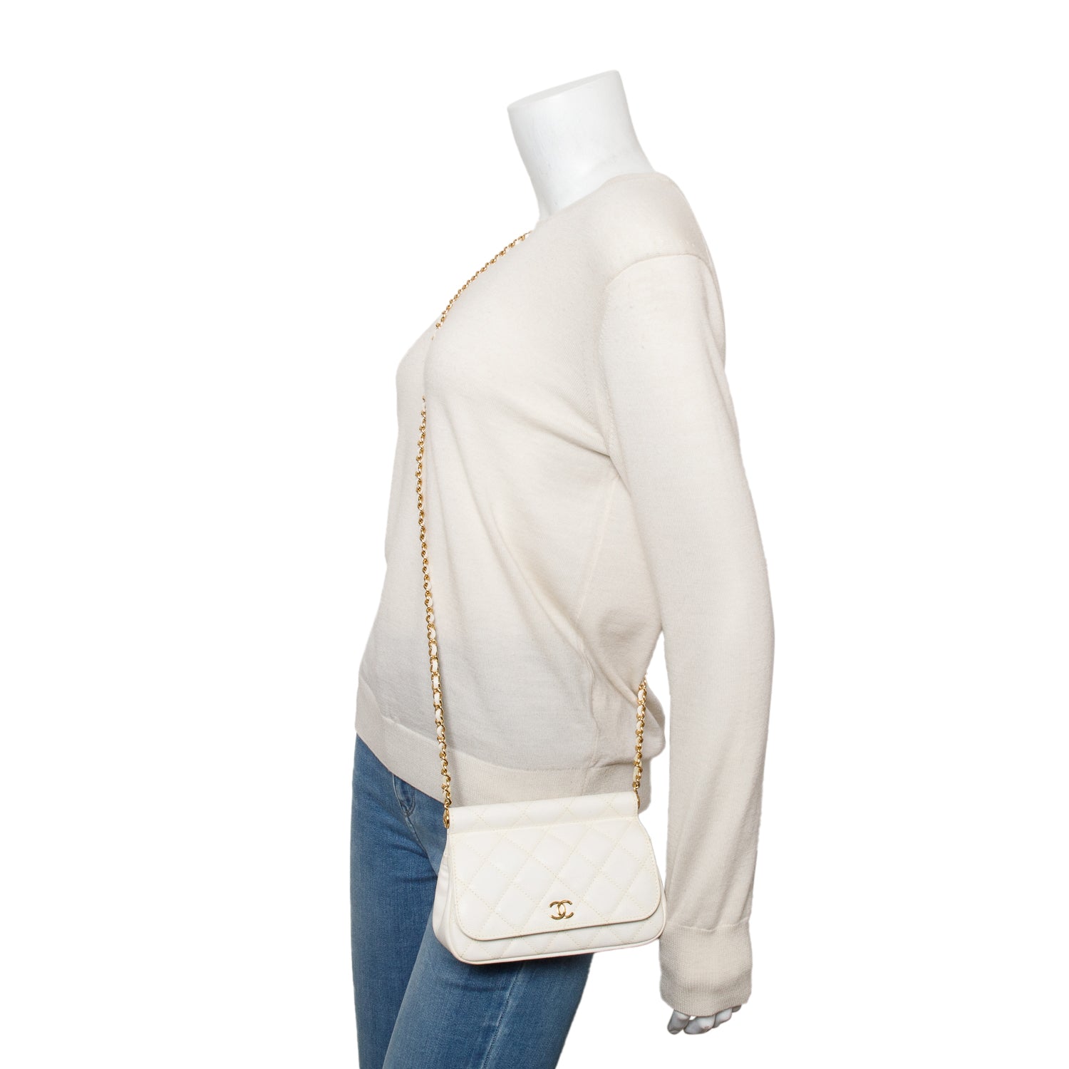 Chanel White Quilted Caviar Leather CC Frame Flap Clutch with Chain