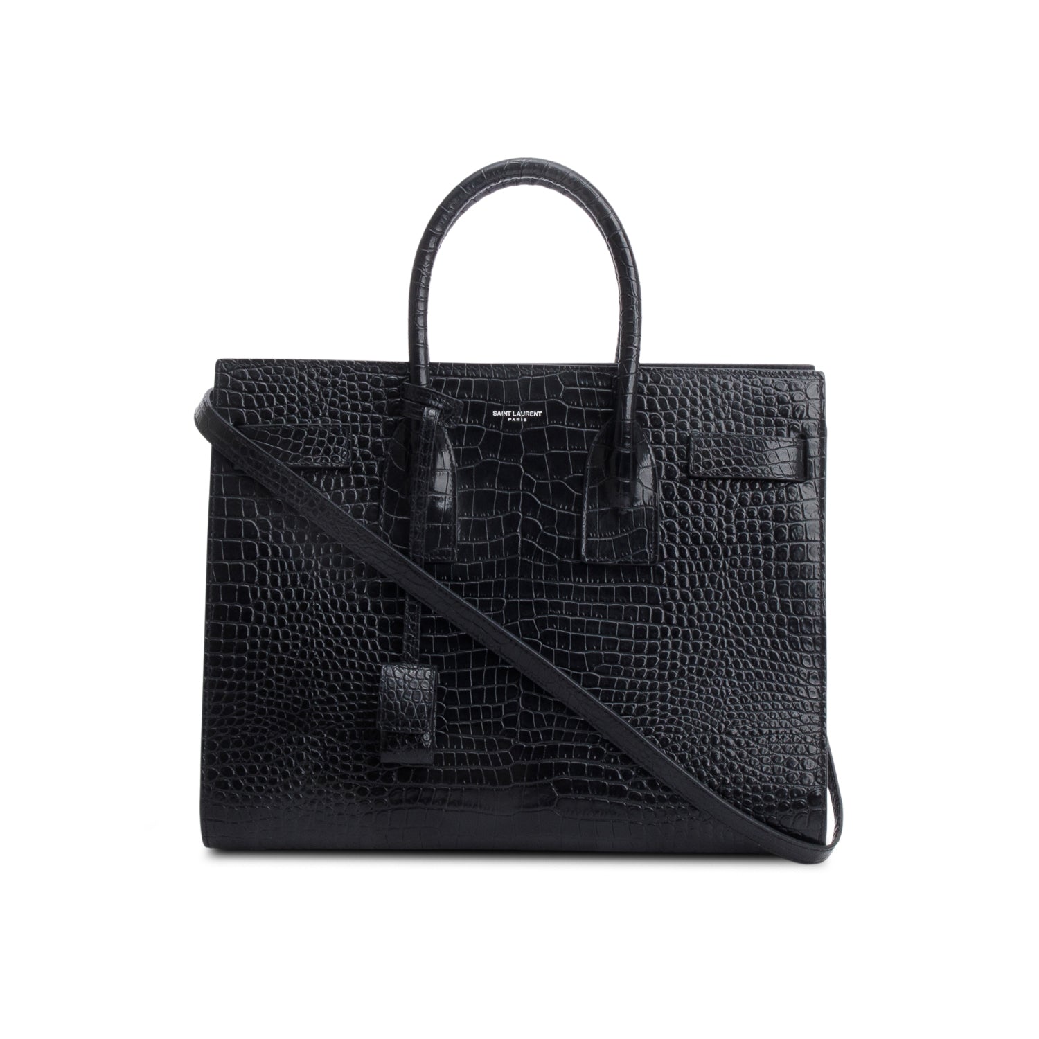 Saint Laurent Black Crocodile Embossed Calfskin Leather Small Sac De Jour w/ Strap