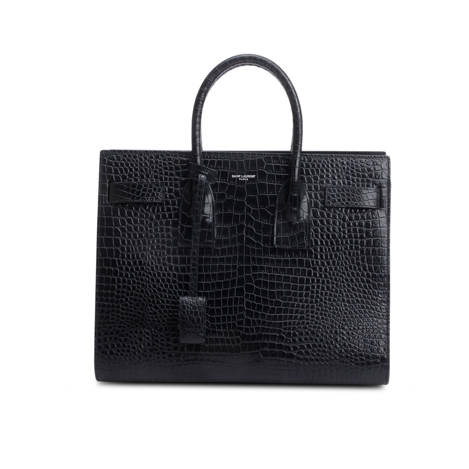 Saint Laurent Black Crocodile Embossed Calfskin Leather Small Sac De Jour w/ Strap