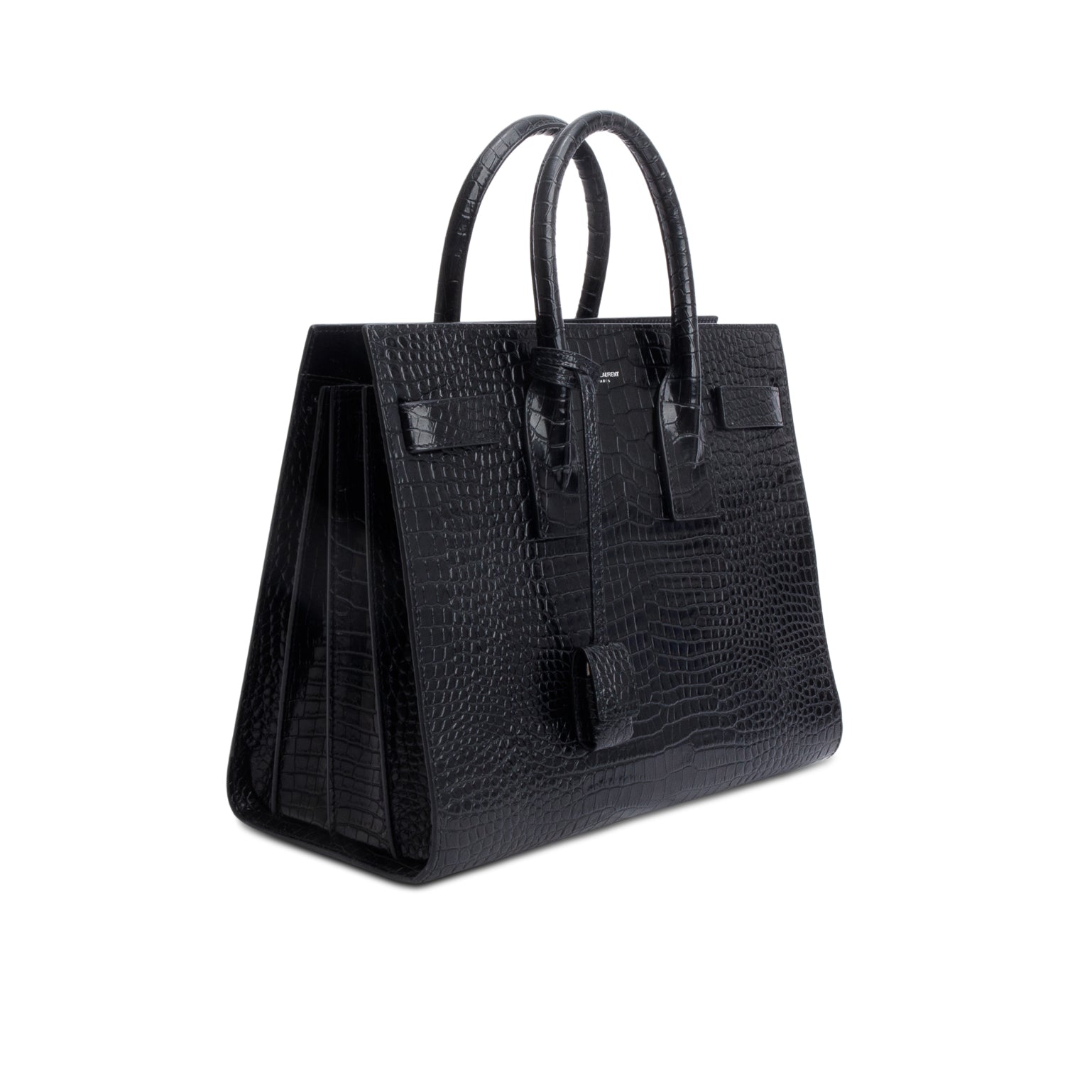 Saint Laurent Black Crocodile Embossed Calfskin Leather Small Sac De Jour w/ Strap