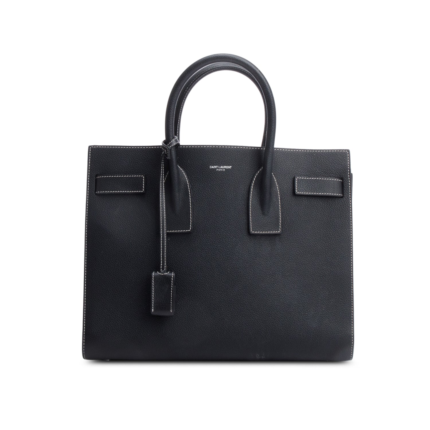 Saint Laurent Black Grained De Poudre Calfskin Leather Topstitch Small Sac De Jour Tote
