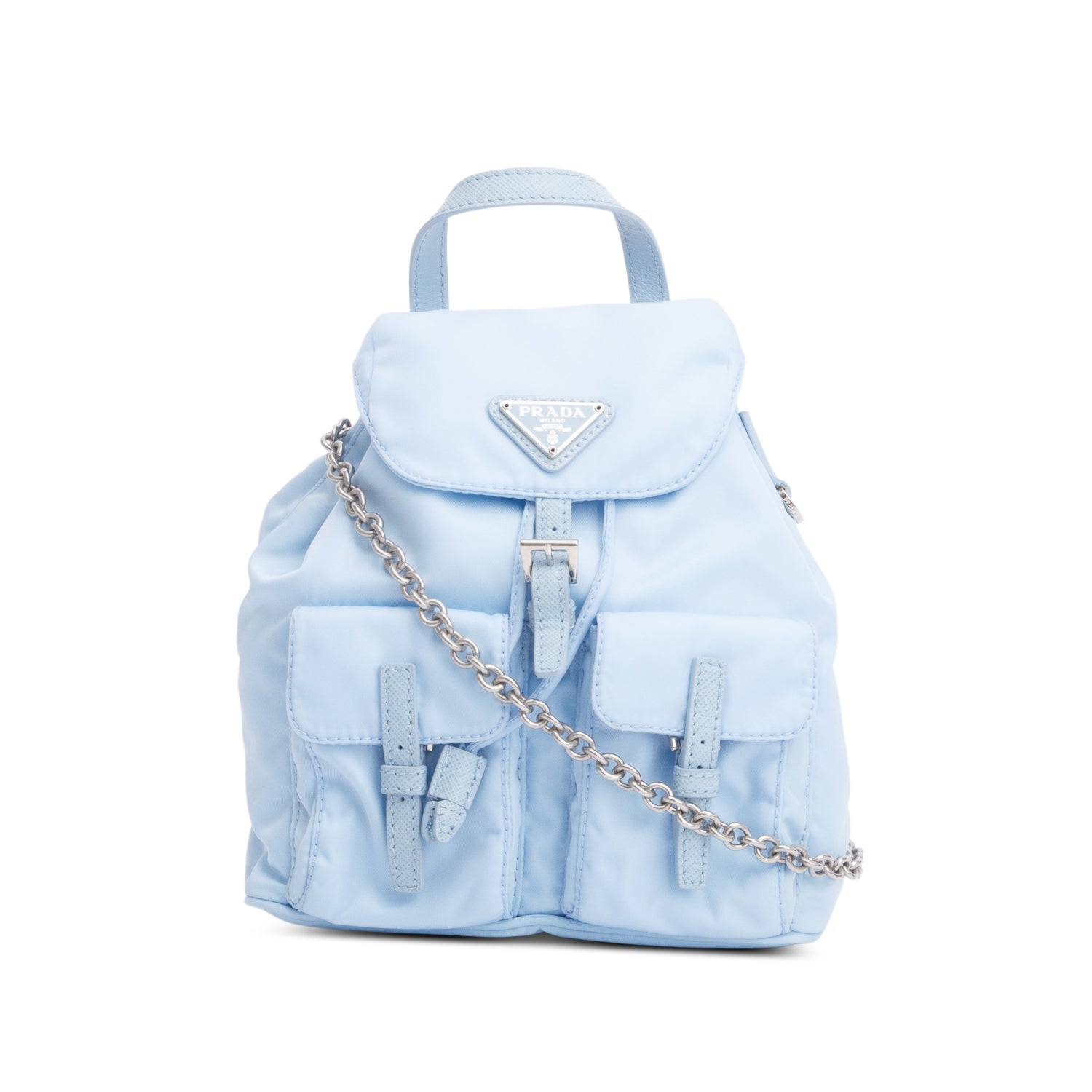Prada 2022 Blue Tessuto Nylon & Saffiano Leather Mini Double Pocket Chain Shoulder Bag w/ Authenticity Card
