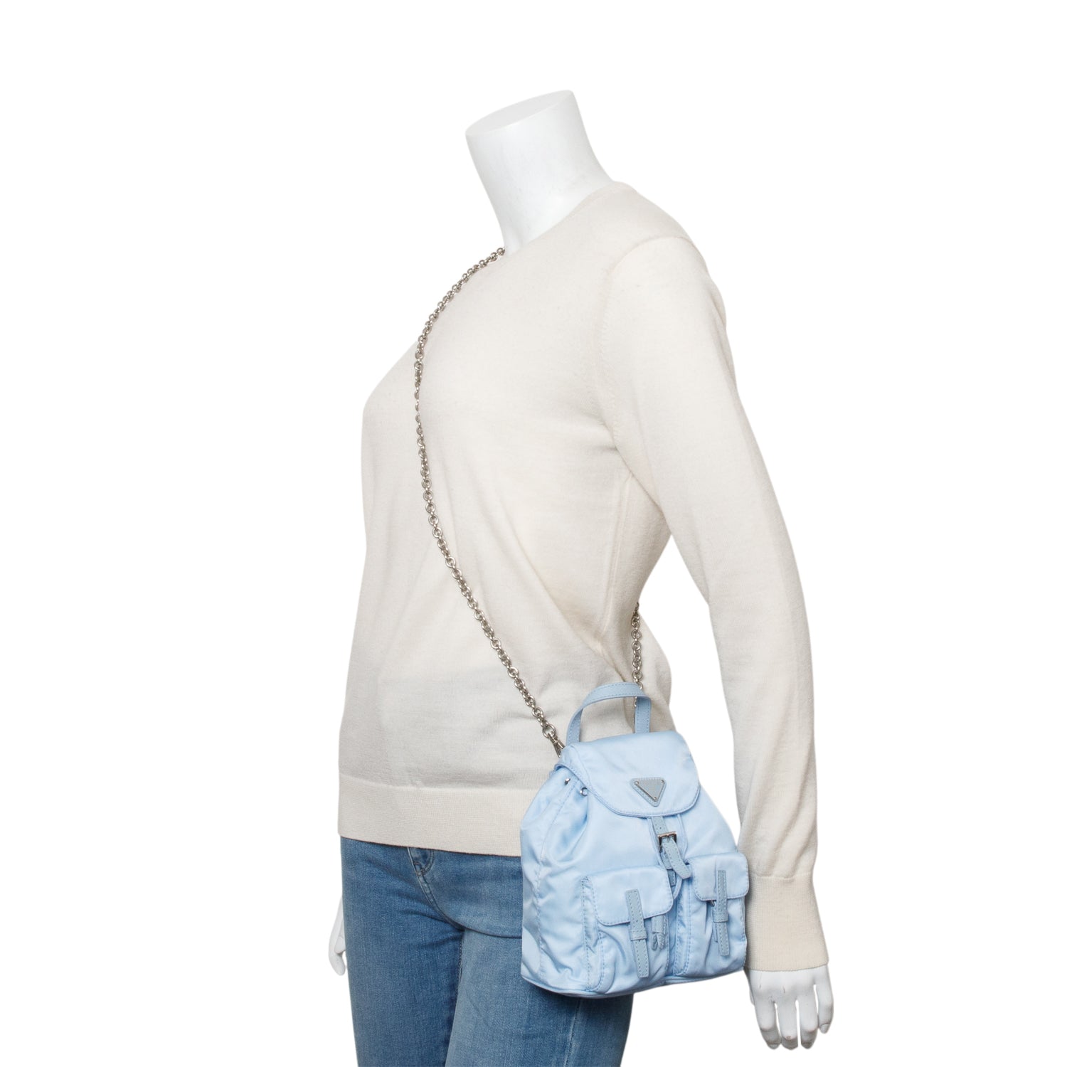 Prada 2022 Blue Tessuto Nylon & Saffiano Leather Mini Double Pocket Chain Shoulder Bag w/ Authenticity Card