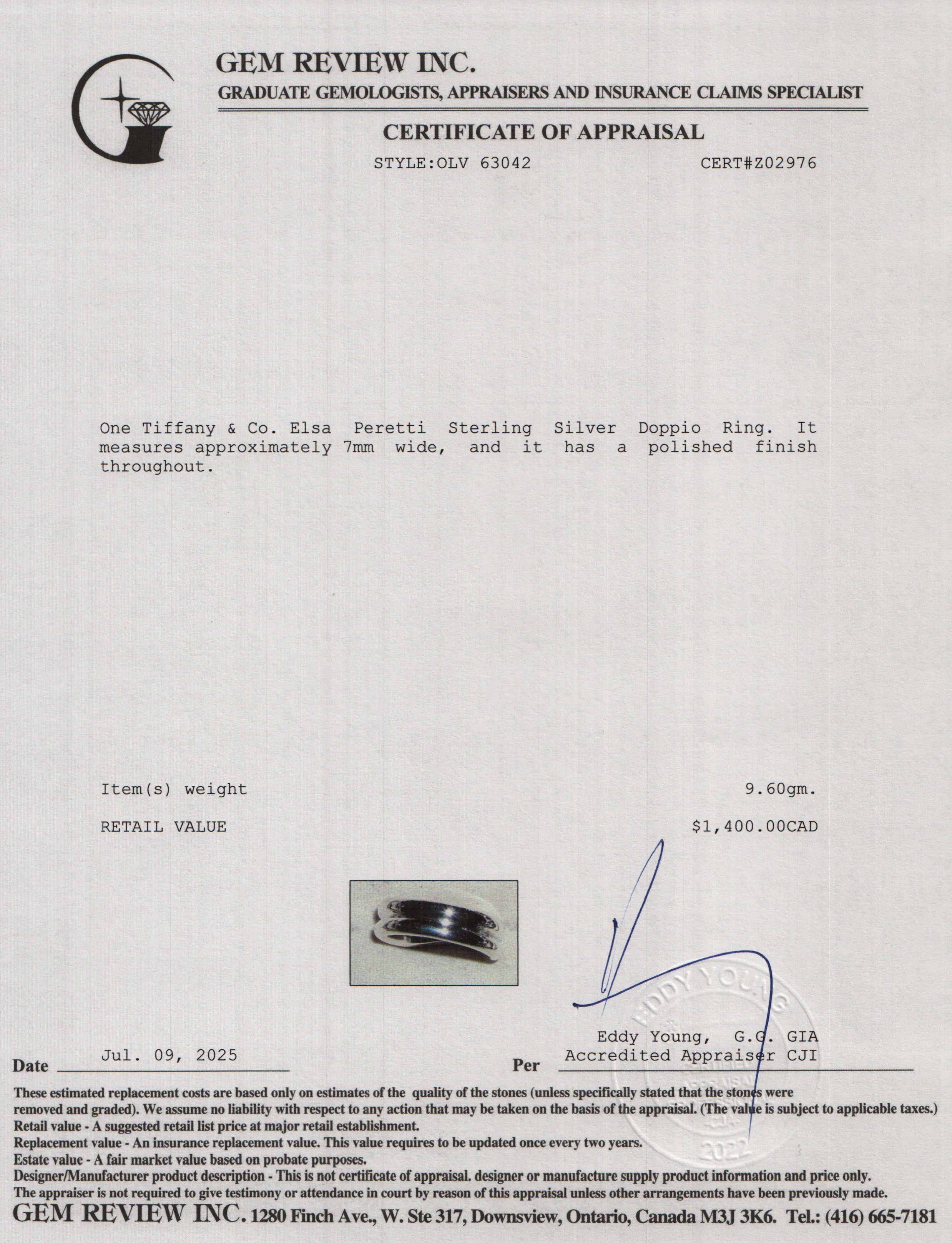 Tiffany & Co. Elsa Peretti Sterling Silver Doppio Ring, Size 7