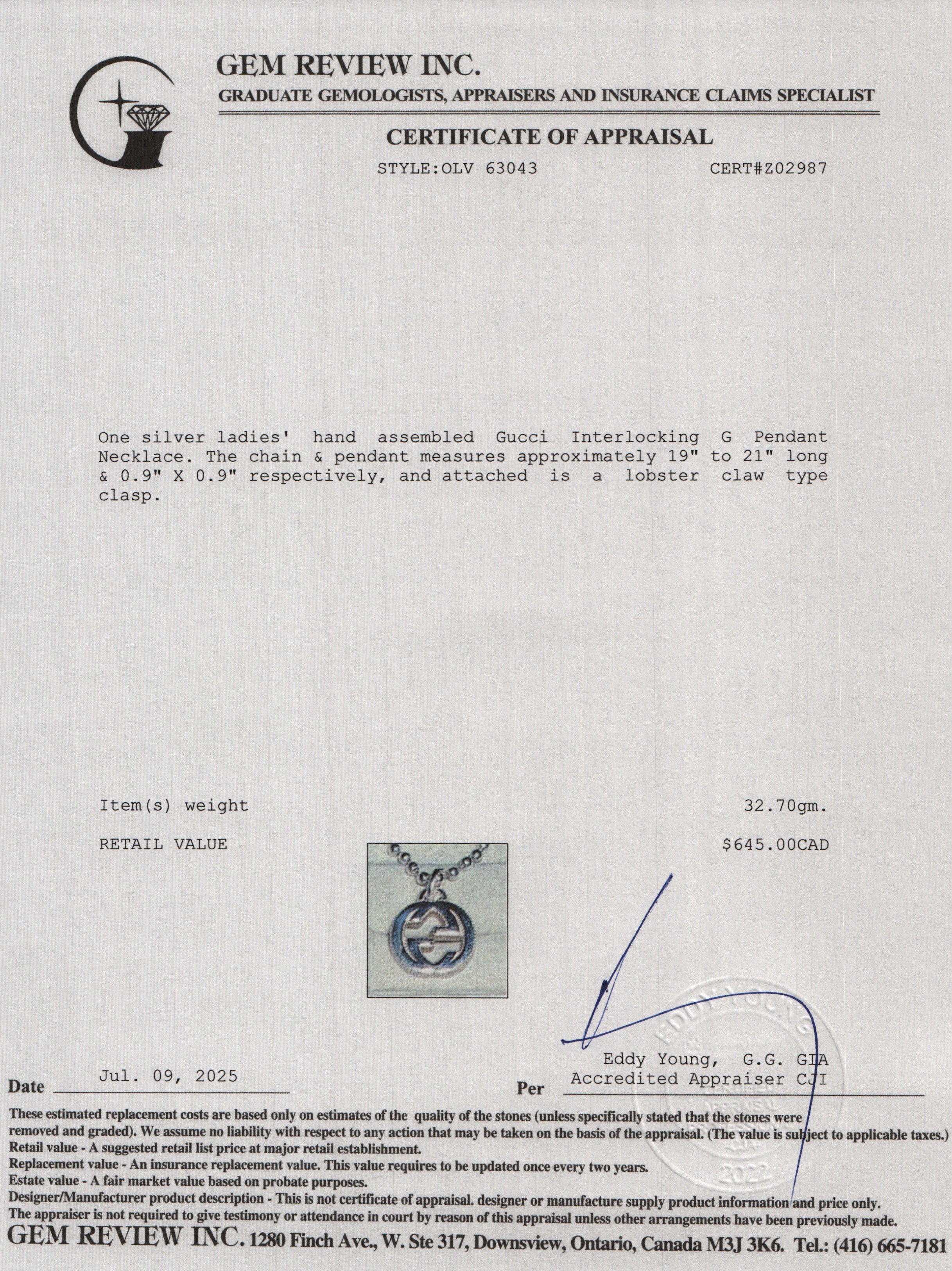 Gucci Sterling Silver Interlocking G Pendant Bead Necklace w/ Box