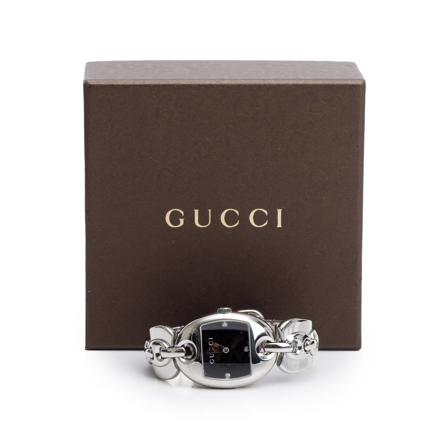 Gucci Stainless Steel 121.3 Series Marina Chain Watch Black Diamond Dial w/ Box