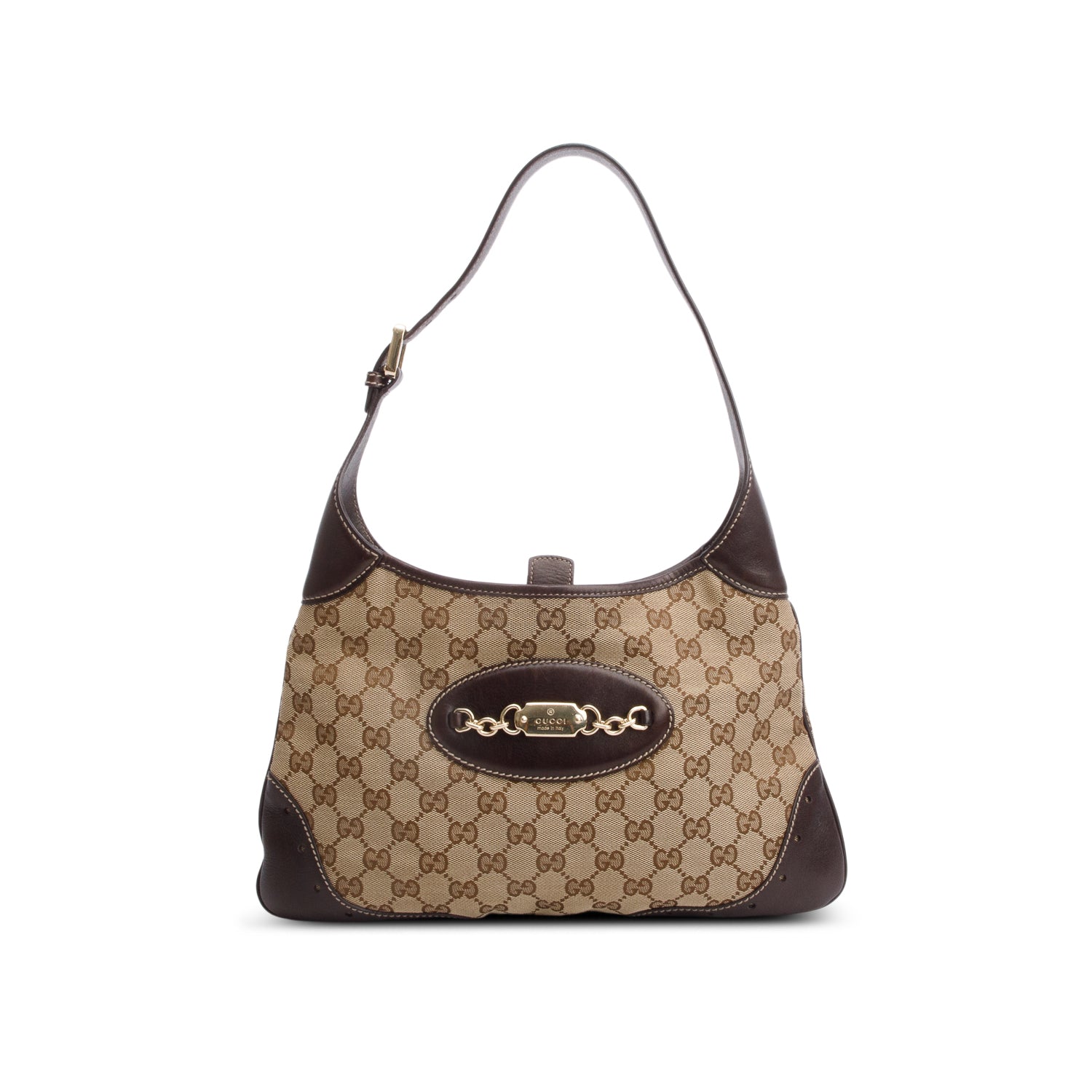 Gucci GG Canvas Brown Leather Trim Medium Punch Hobo