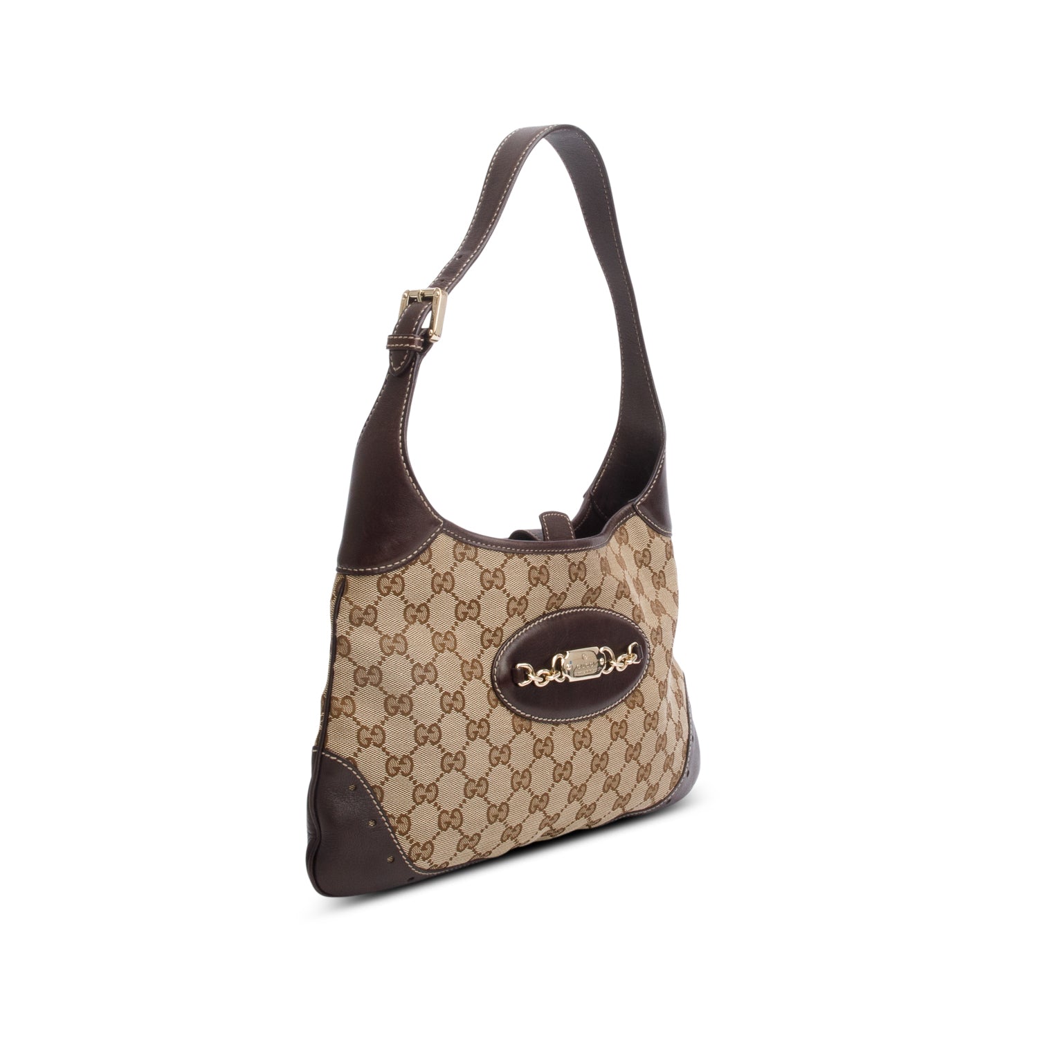 Gucci GG Canvas Brown Leather Trim Medium Punch Hobo