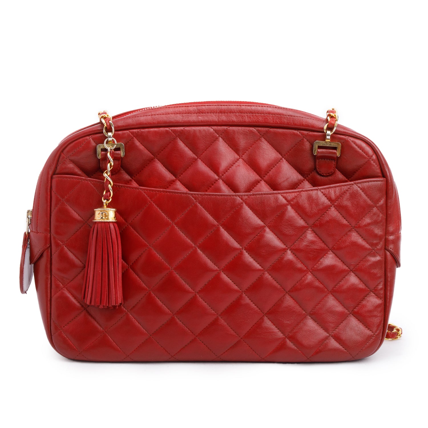 Chanel Vintage Red Quilted Lambskin Leather Tassel Camera Bag