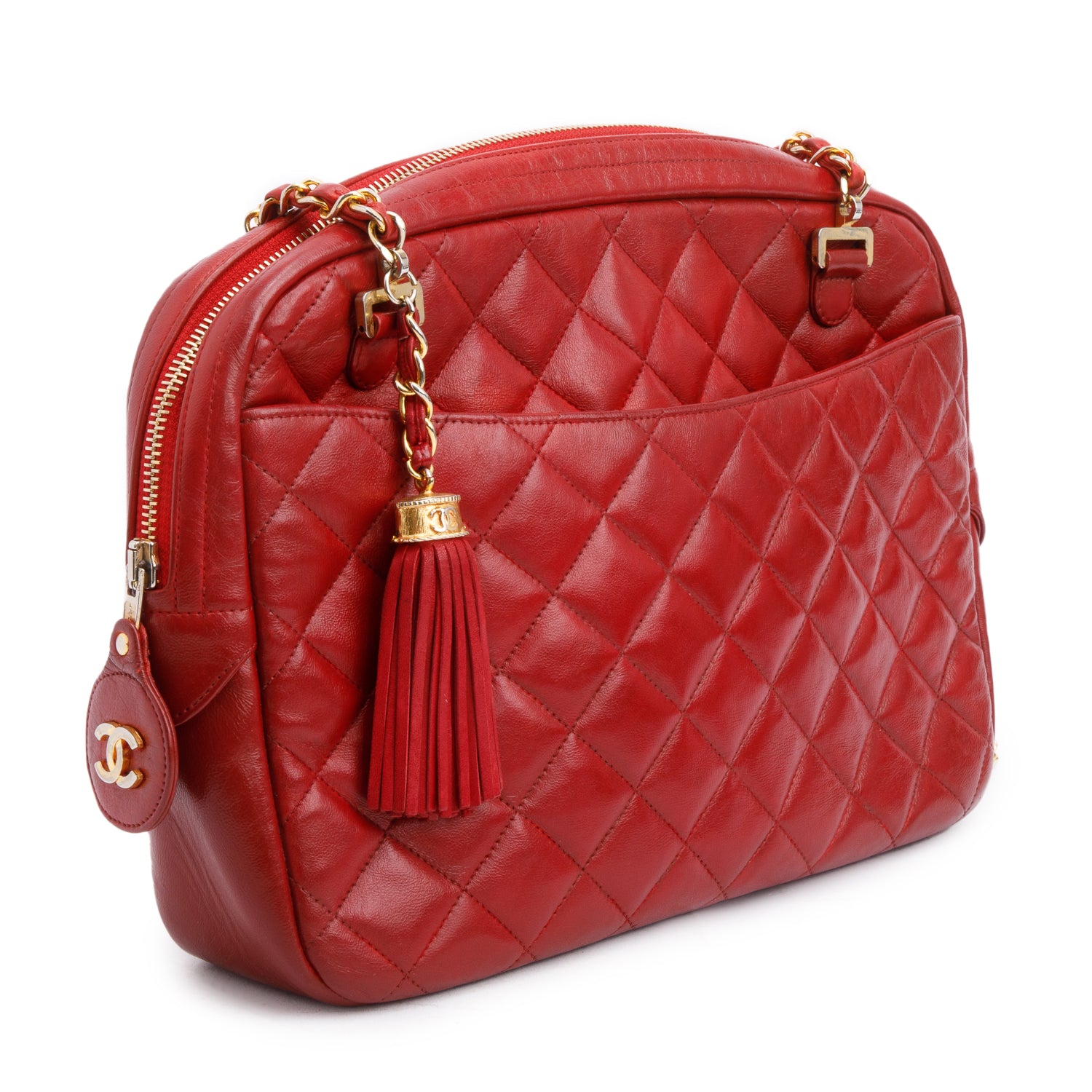 Chanel Vintage Red Quilted Lambskin Leather Tassel Camera Bag
