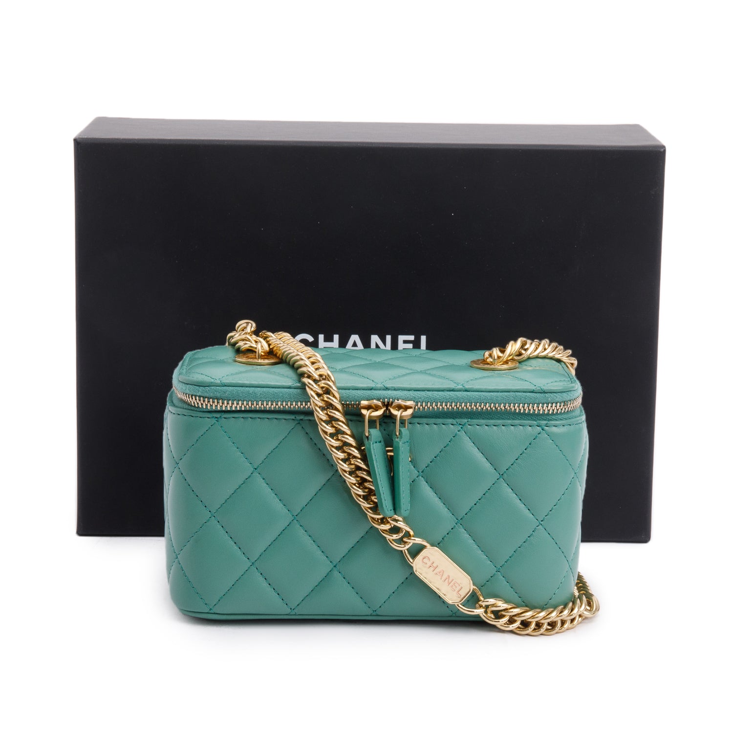 Chanel Green Quilted Lambskin Leather Small Vanity Case w/ Box