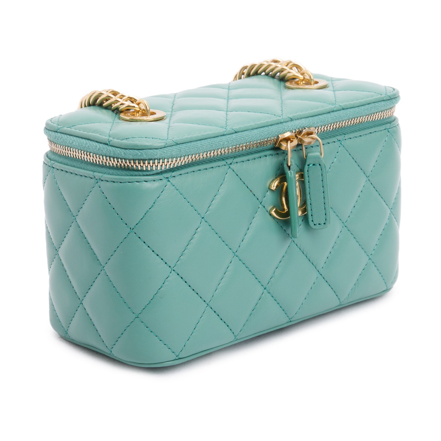 Chanel Green Quilted Lambskin Leather Small Vanity Case w/ Box