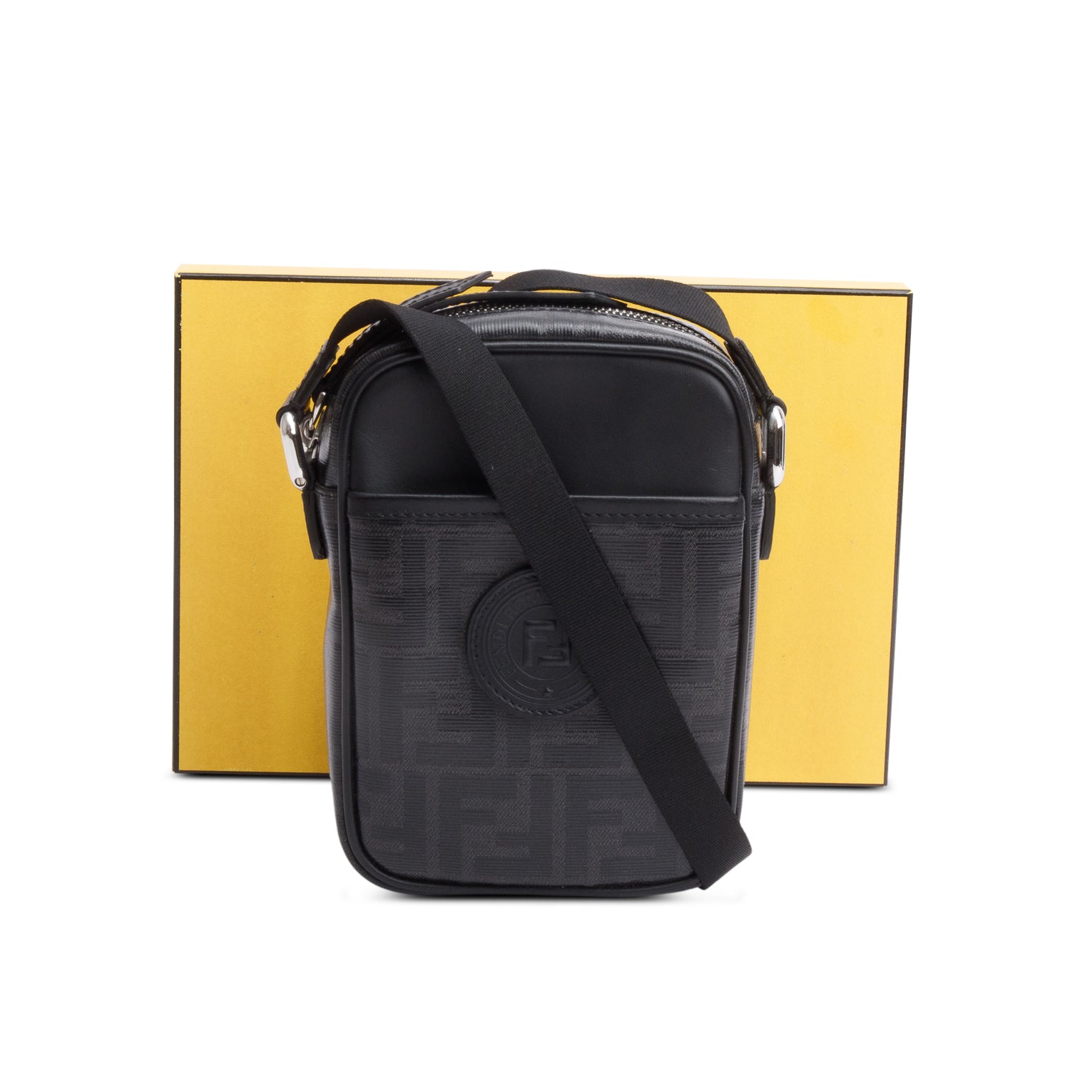 Fendi Black FF Zucca Coated Canvas Black Leather 1974 Double F Mini Camera Bag w/ Box