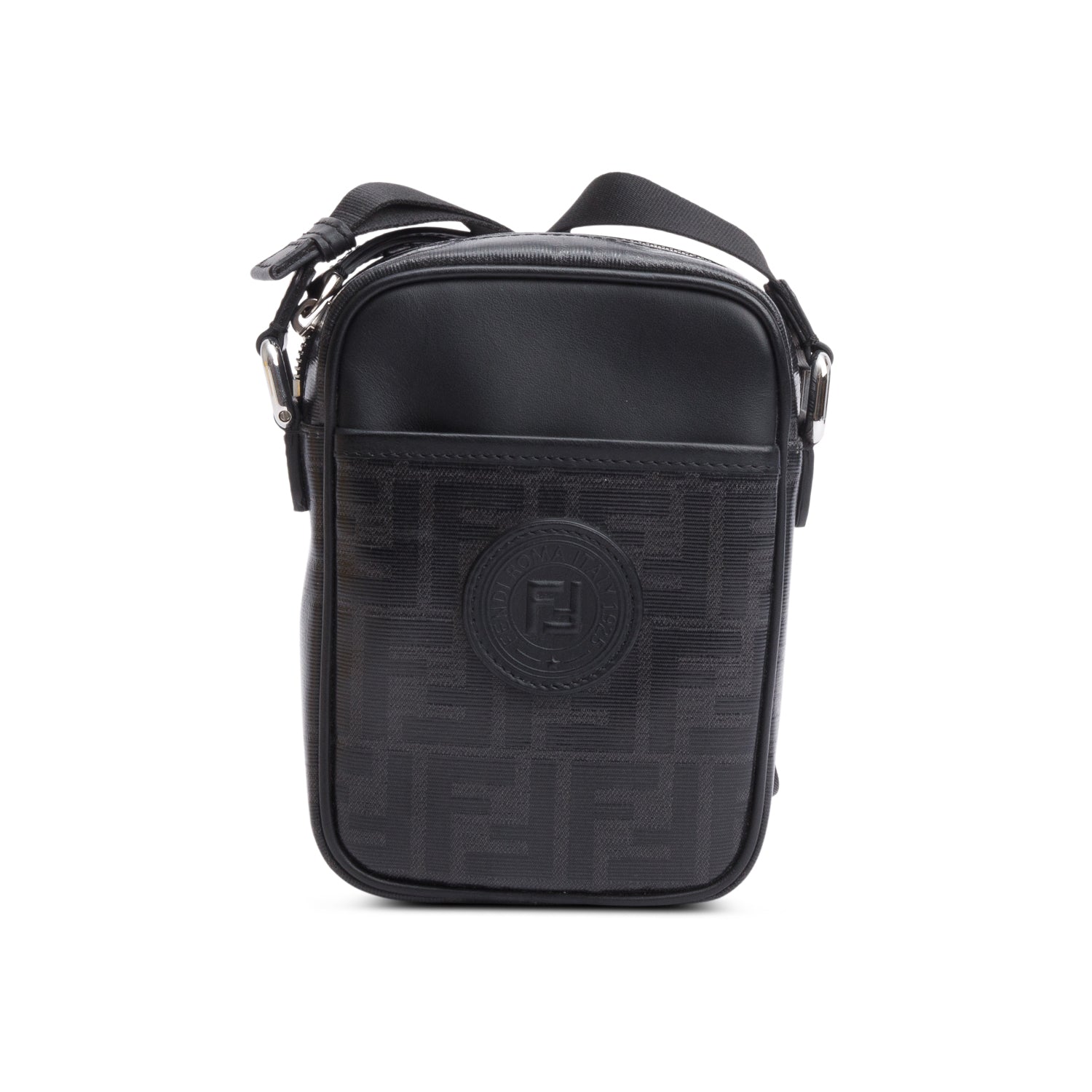 Fendi Black FF Zucca Coated Canvas Black Leather 1974 Double F Mini Camera Bag w/ Box