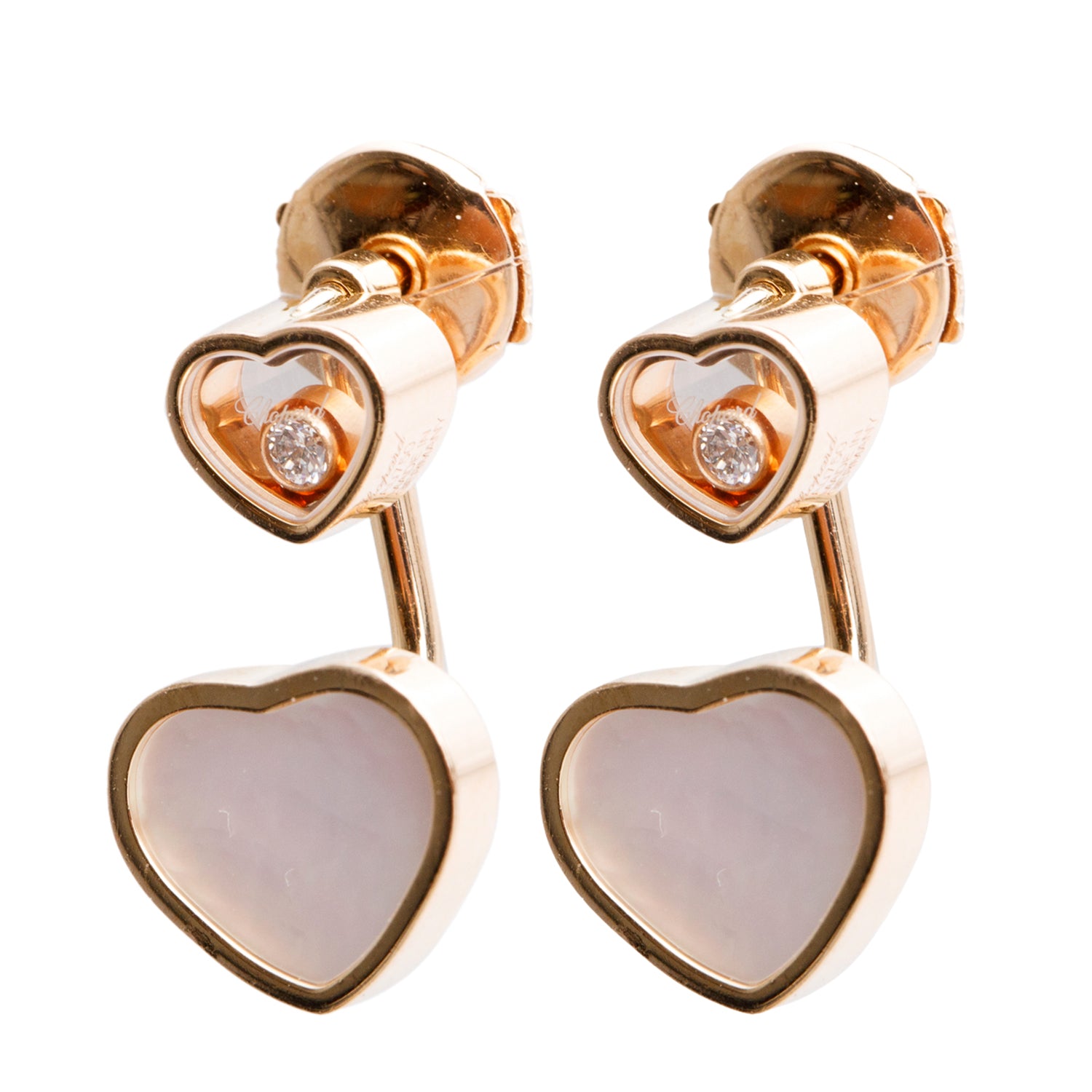 Chopard 18k Rose Gold Mother of Pearl Diamond Happy Heart Earrings w/ Box