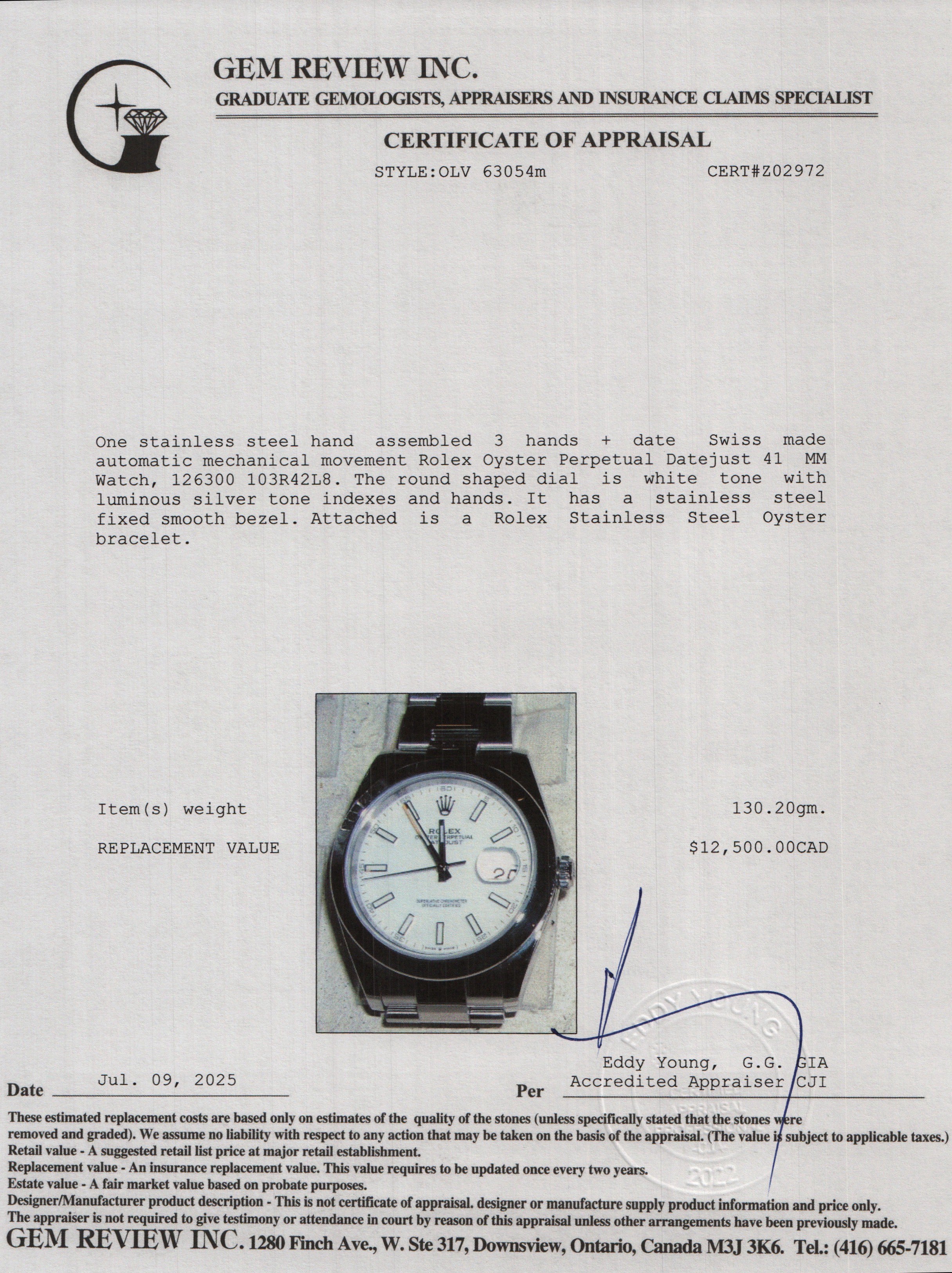 Rolex 2023 Stainless Steel Oyster Perpetual White Dial Datejust 41 MM Watch 126300 w/ Box & Papers