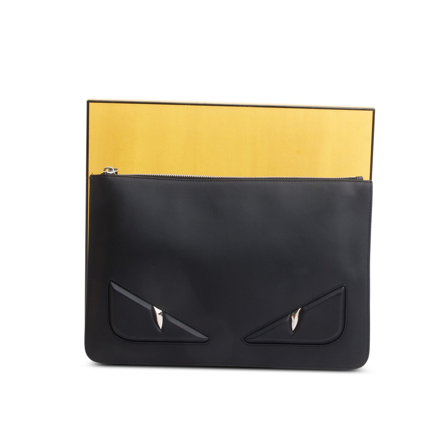 Fendi Black Calfskin Leather Monster Eye Zip Clutch w/ Box