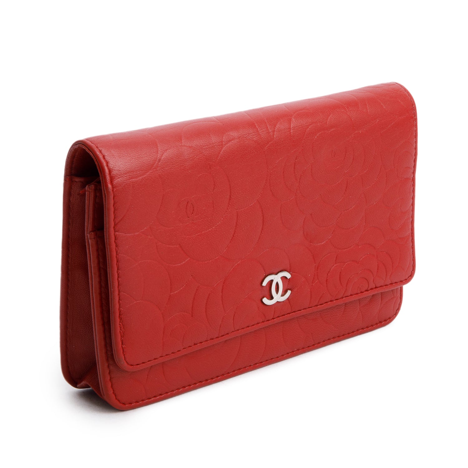 Chanel Red Quilted Lambskin Leather Camellia Classic Wallet on Chain