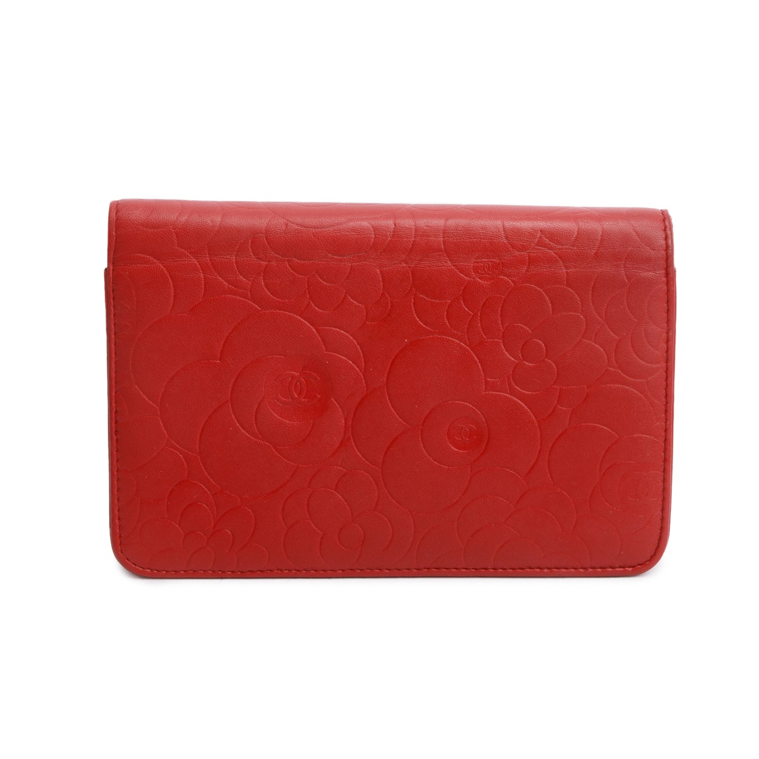 Chanel Red Quilted Lambskin Leather Camellia Classic Wallet on Chain