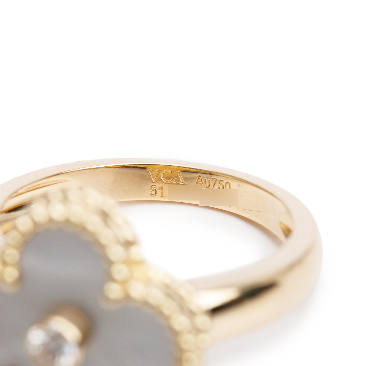 Van Cleef & Arpels 18k Yellow Gold Mother of Pearl & Diamond Vintage Alhambra Ring, Size 51 5.75