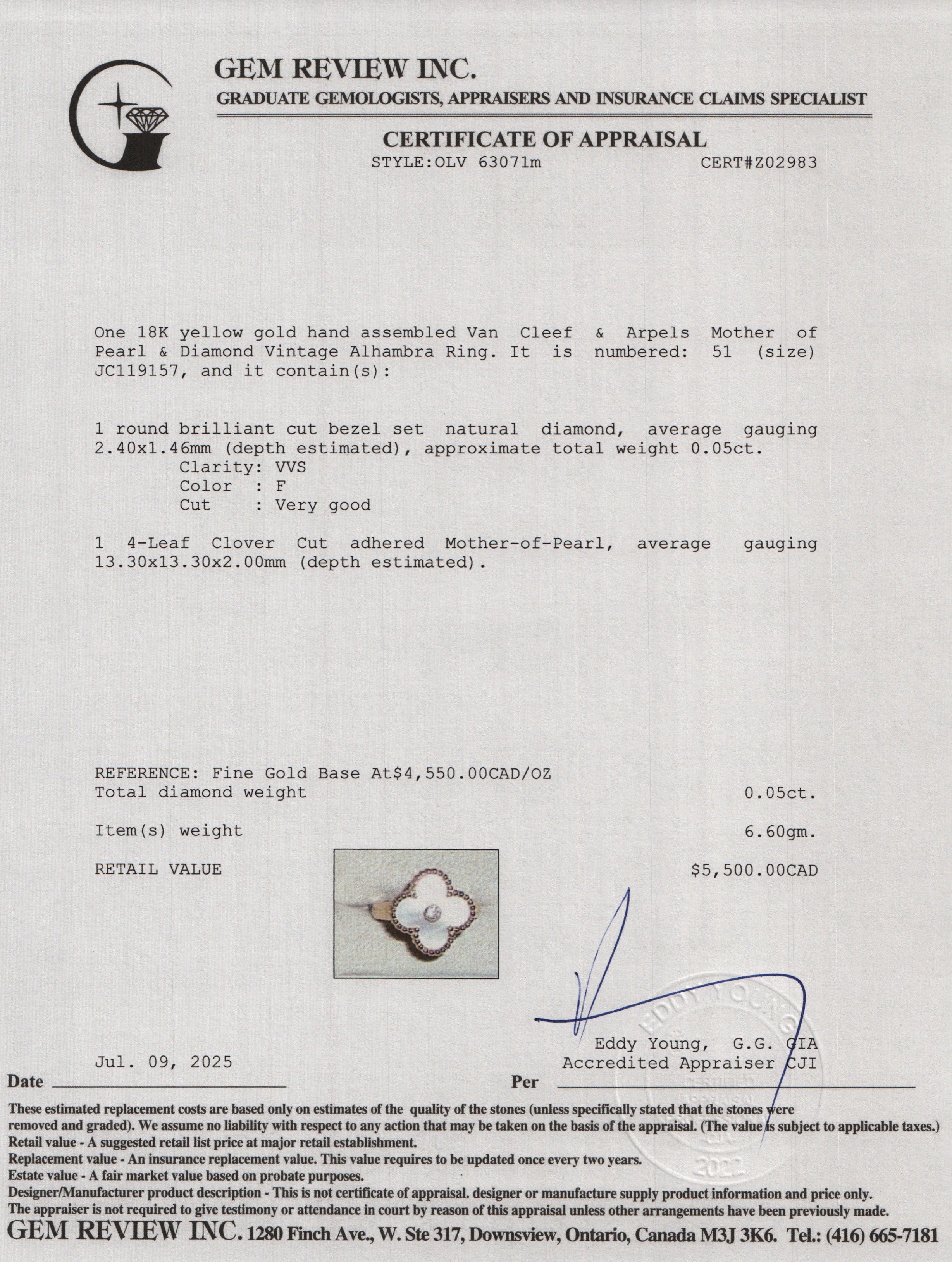 Van Cleef & Arpels 18k Yellow Gold Mother of Pearl & Diamond Vintage Alhambra Ring, Size 51 5.75