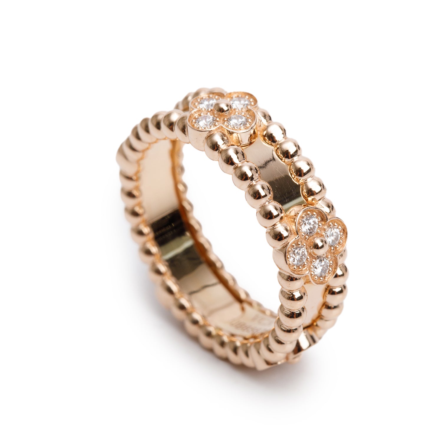 Van Cleef & Arpels 2023 18k Rose Gold Diamond Perlee Sweet Clovers Ring, Size 50 5.25 w/ Box & Certificate