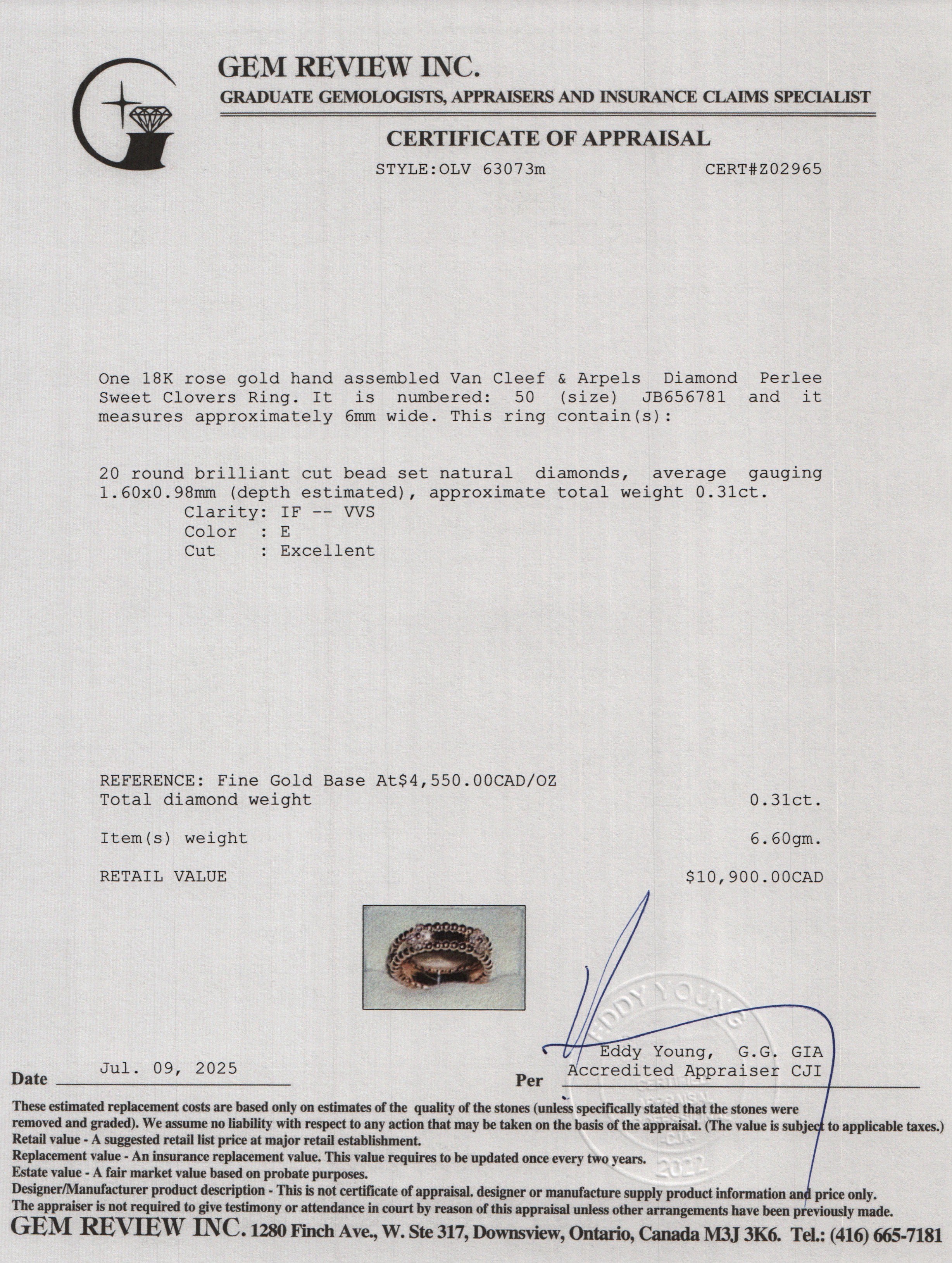 Van Cleef & Arpels 2023 18k Rose Gold Diamond Perlee Sweet Clovers Ring, Size 50 5.25 w/ Box & Certificate