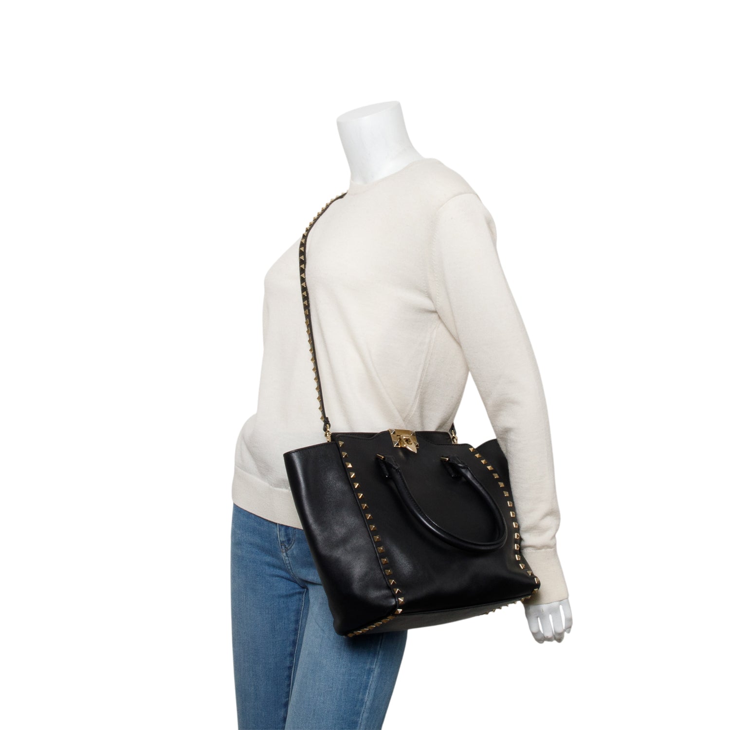 Valentino Black Calfskin Leather Medium Rockstud Tote Bag w/ Strap
