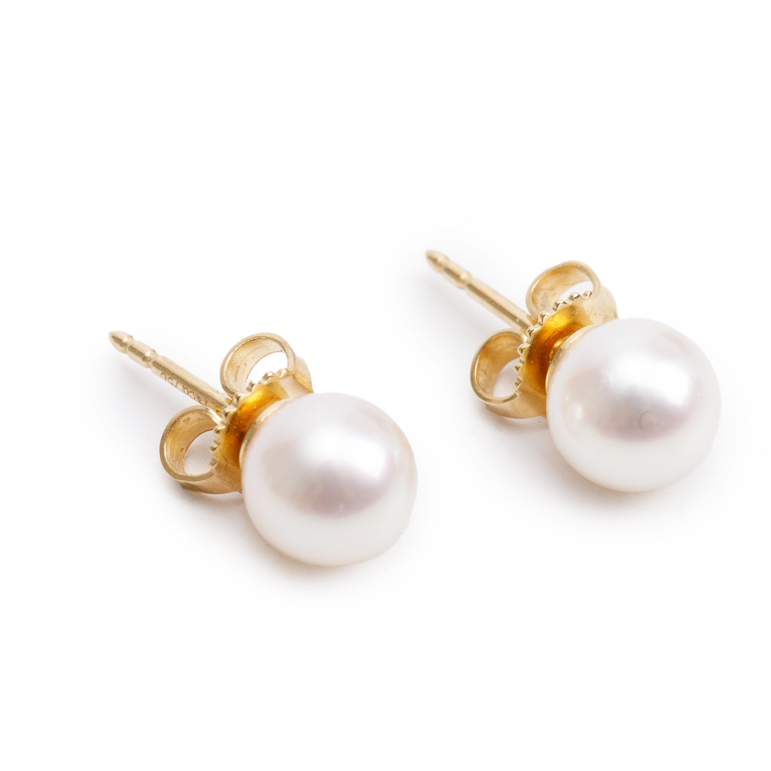 Tiffany & Co. 18k Yellow Gold Signature Pearl Stud Earrings, 7-7.5 MM  w/ Box