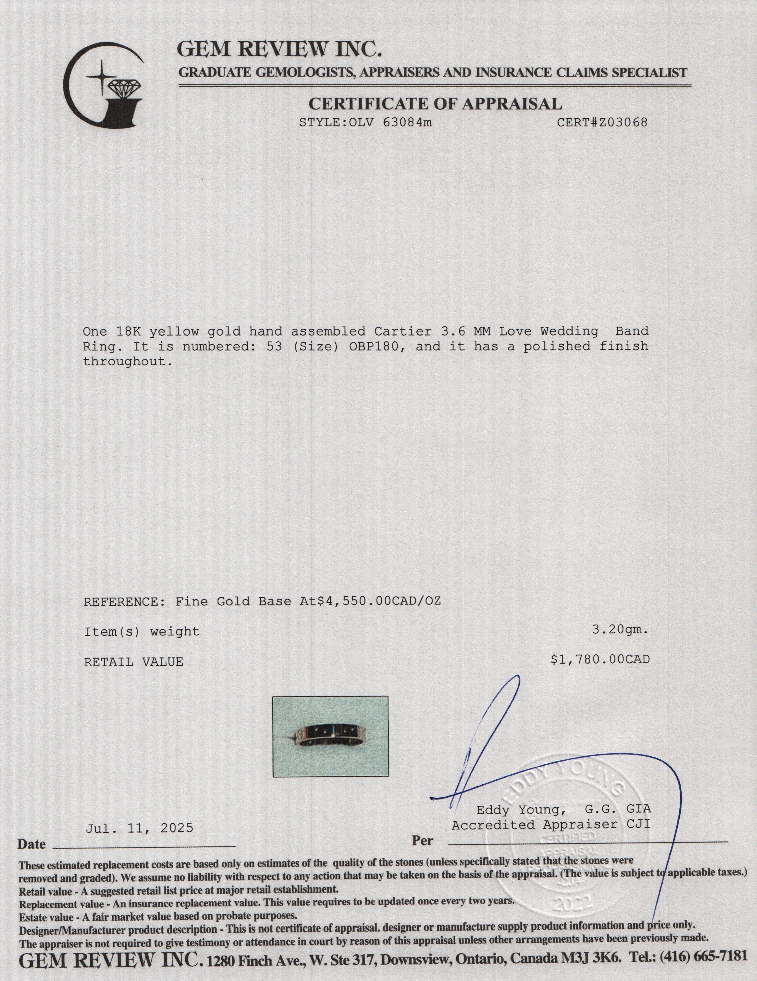 Cartier 2021 18k Yellow Gold 3.6 MM Love Wedding Band Ring, Size 53 6.5 w/ Box & Certificate