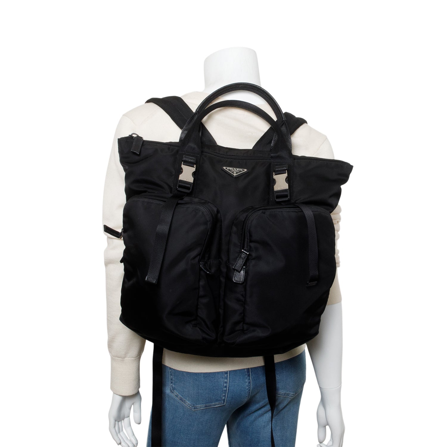Prada Black Re-Nylon and Saffiano Leather Montagna Tote Backpack